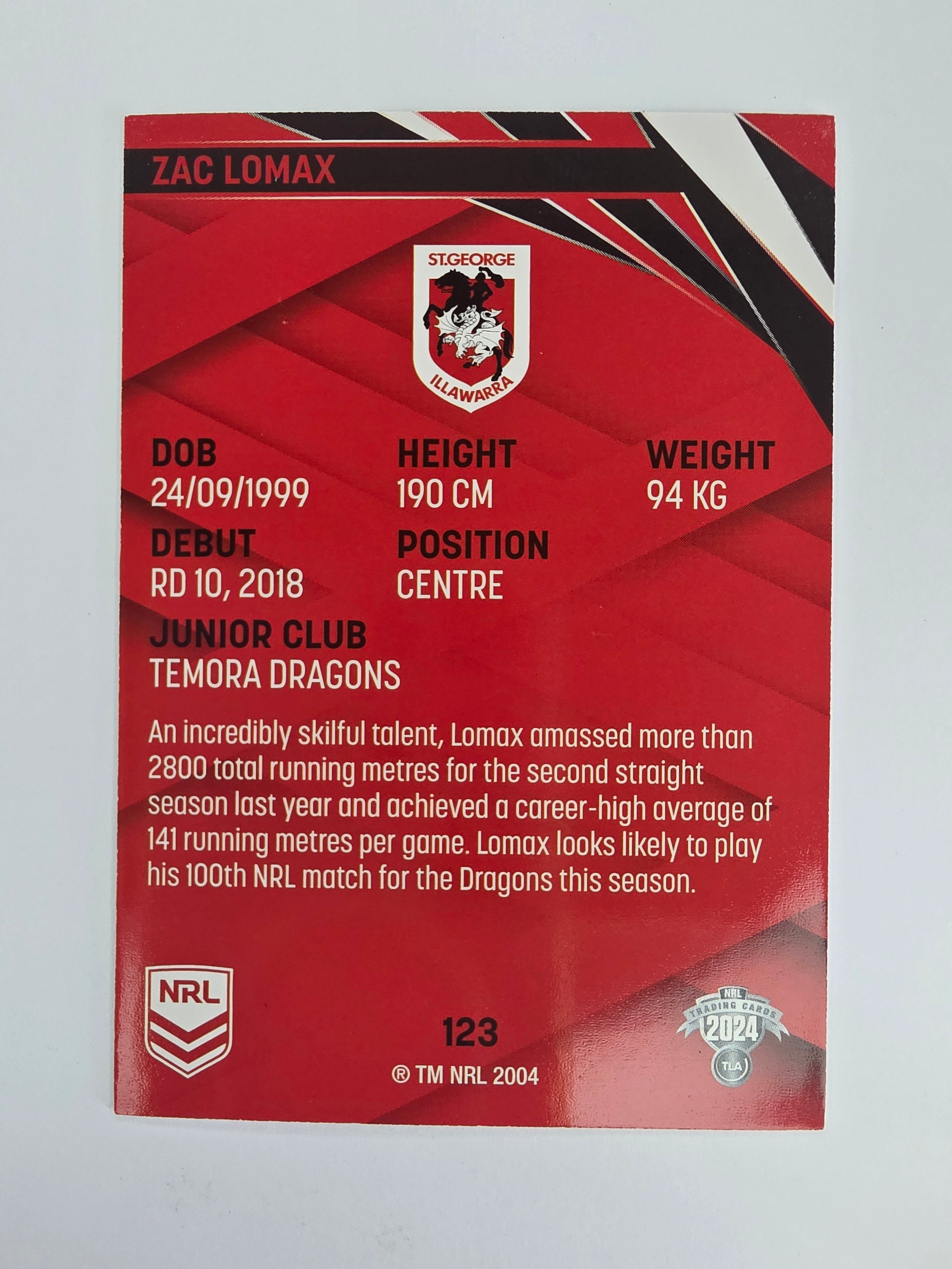 NRL 2024 Traders Base Card #123 Zac Lomax St George Illawarra Dragons