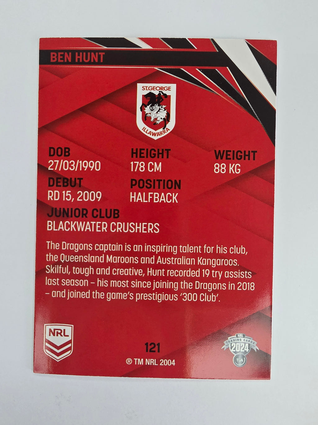 NRL 2024 Traders Base Card #121 Ben Hunt St George Illawarra Dragons