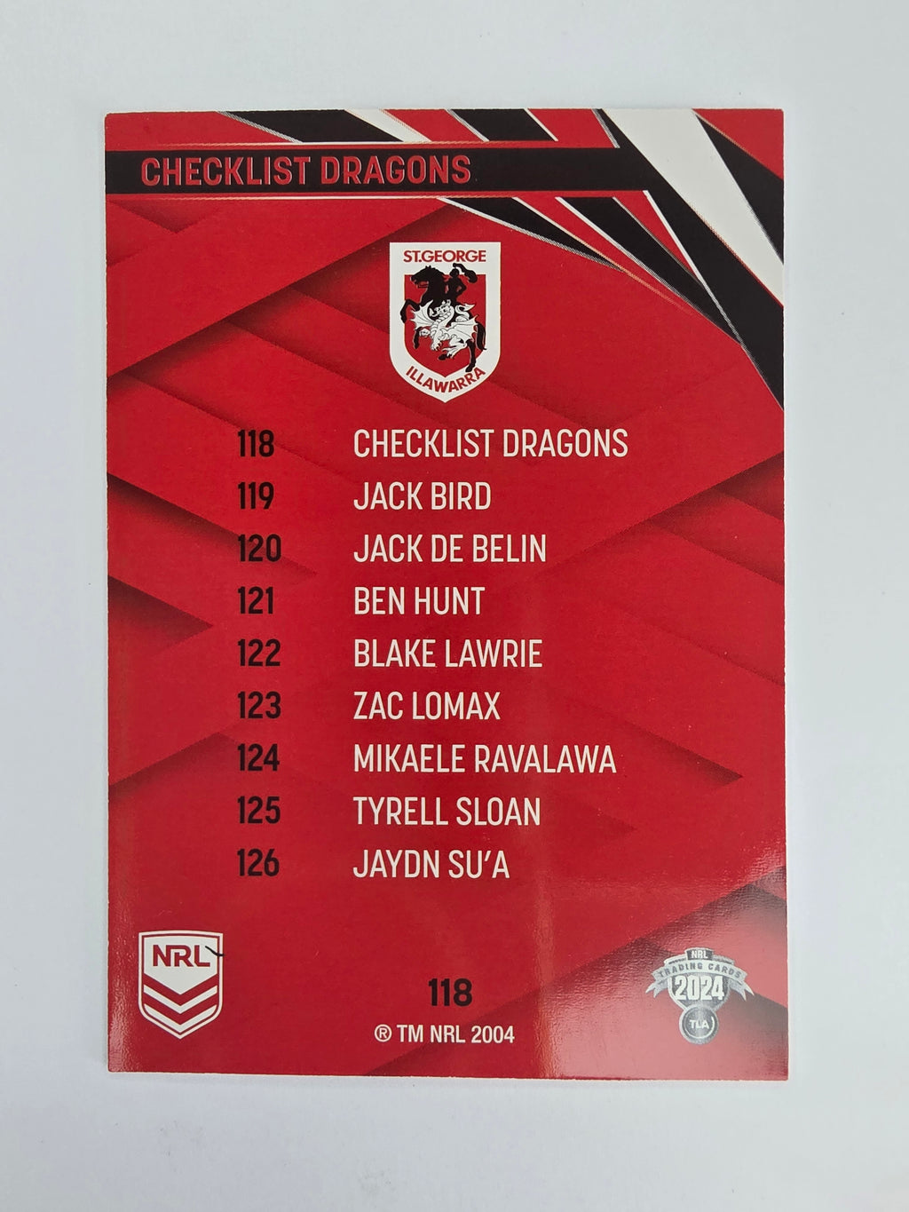 NRL 2024 Traders Base Card #118 Dragons Checklist St George Illawarra Dragons
