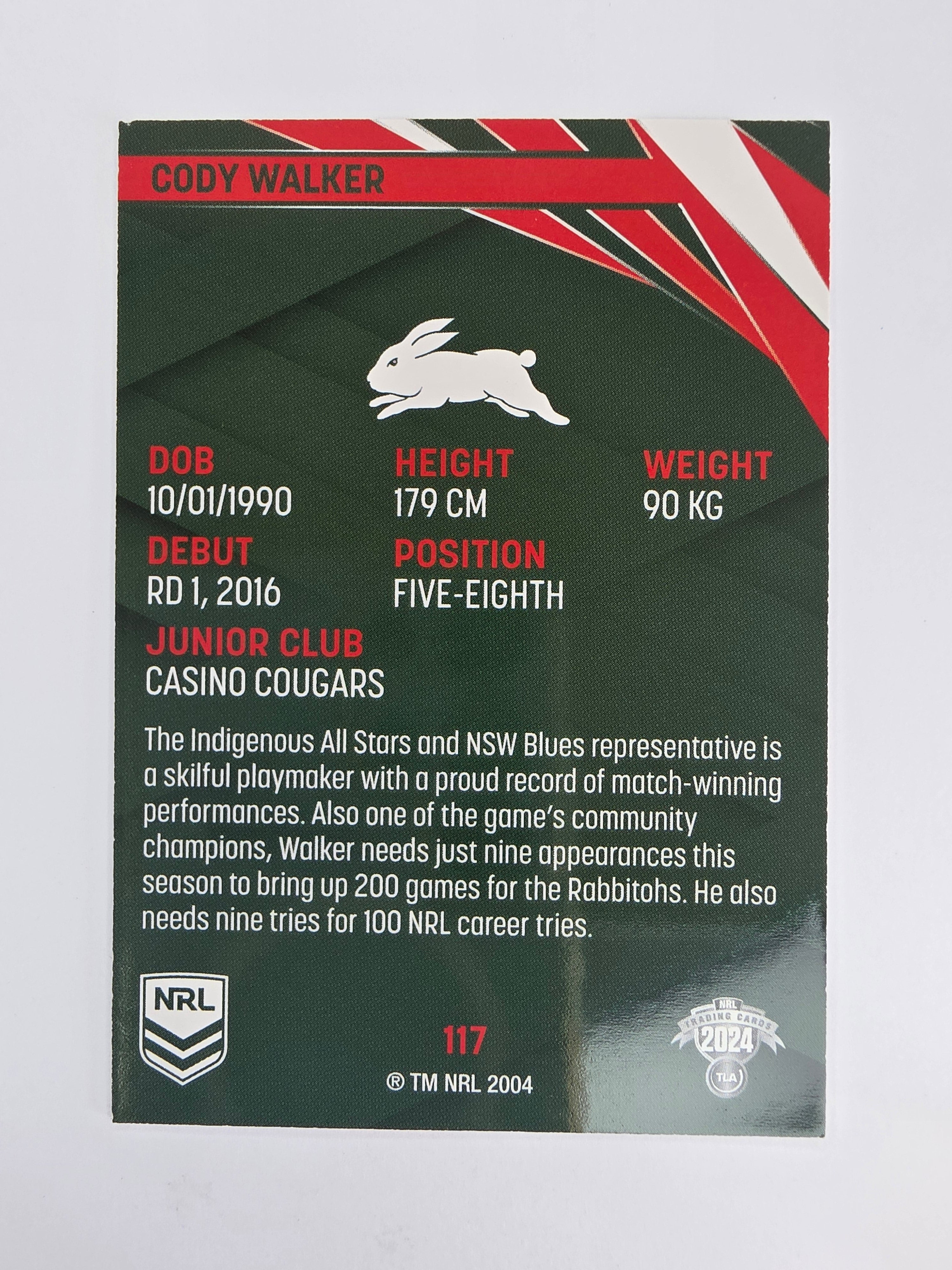 NRL 2024 Traders Base Card #117 Cody Walker South Sydney Rabbitohs