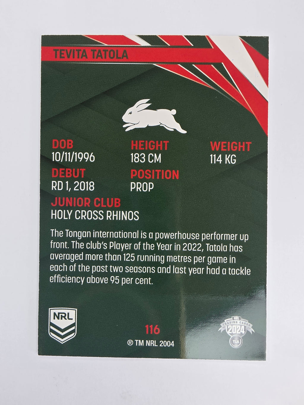 NRL 2024 Traders Base Card #116 Tevita Tatola South Sydney Rabbitohs