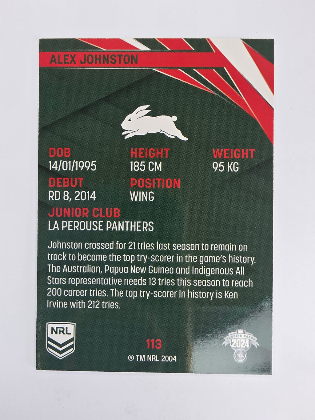 NRL 2024 Traders Base Card #113 Alex Johnston South Sydney Rabbitohs