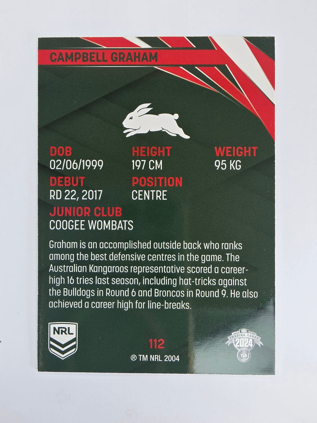 NRL 2024 Traders Base Card #112 Campbell Graham South Sydney Rabbitohs