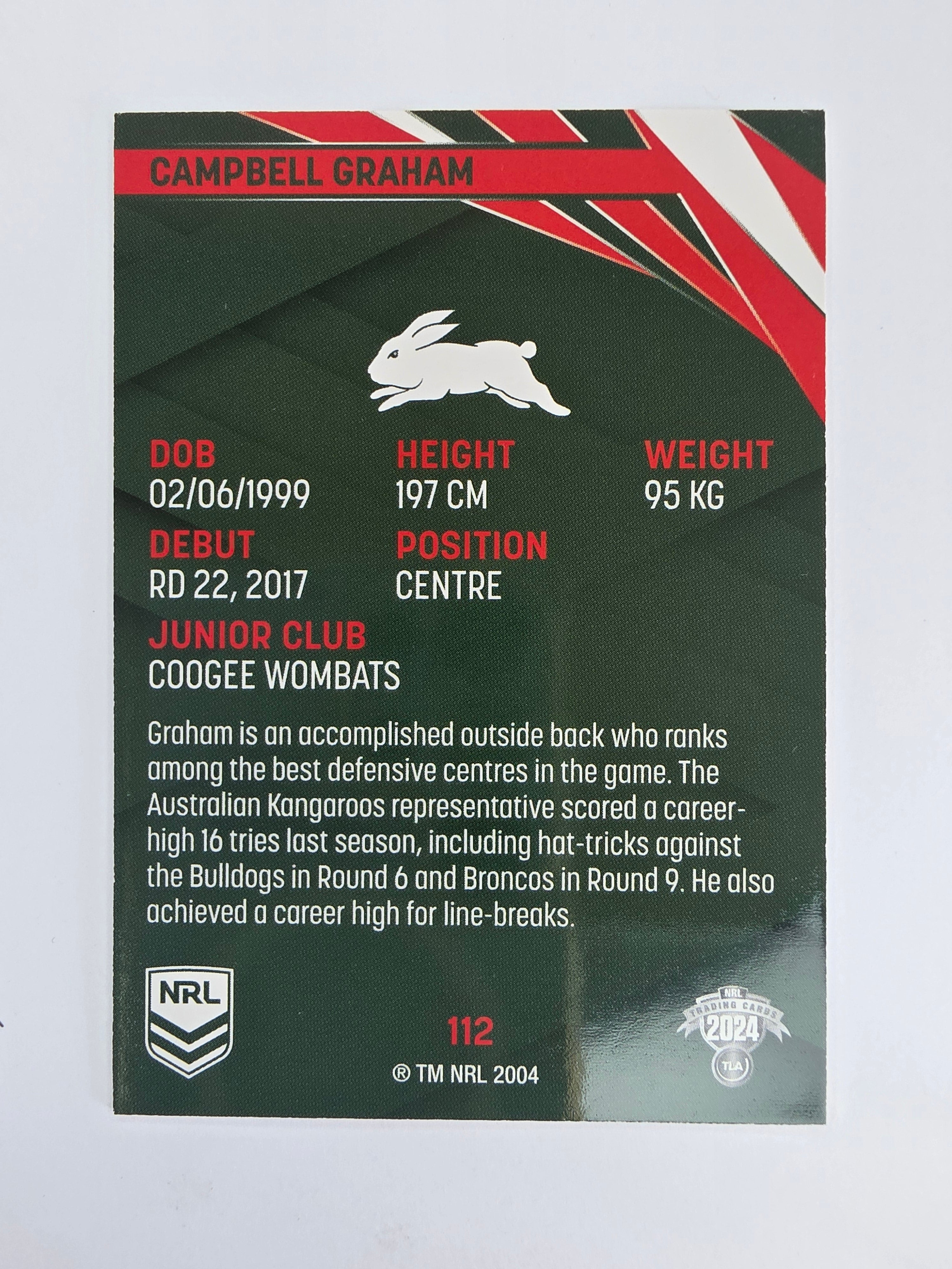 NRL 2024 Traders Base Card #112 Campbell Graham South Sydney Rabbitohs