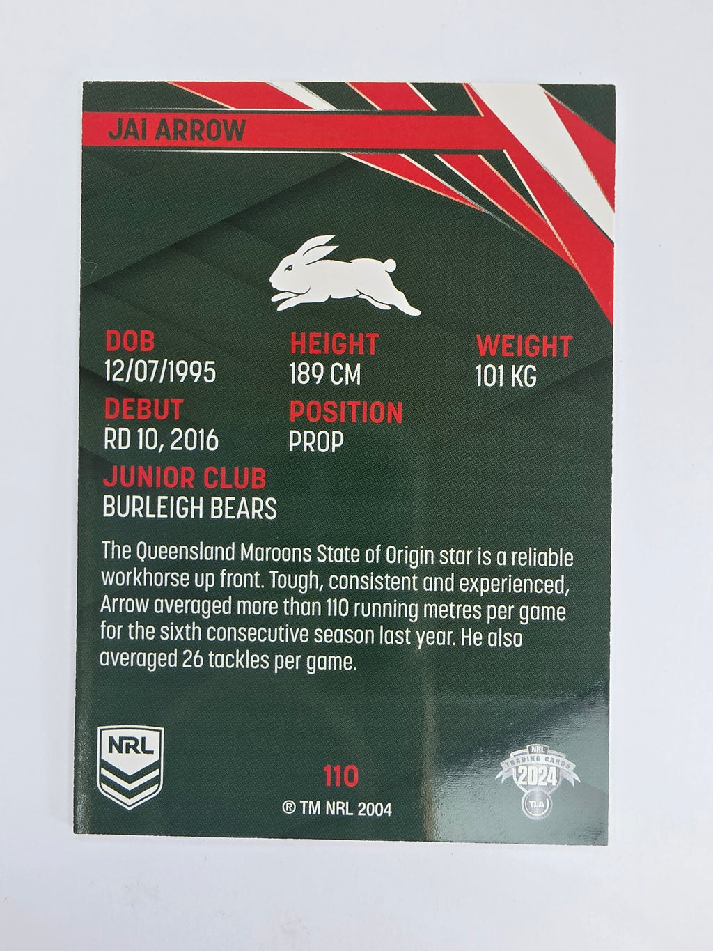NRL 2024 Traders Base Card #110 Jai Arrow South Sydney Rabbitohs