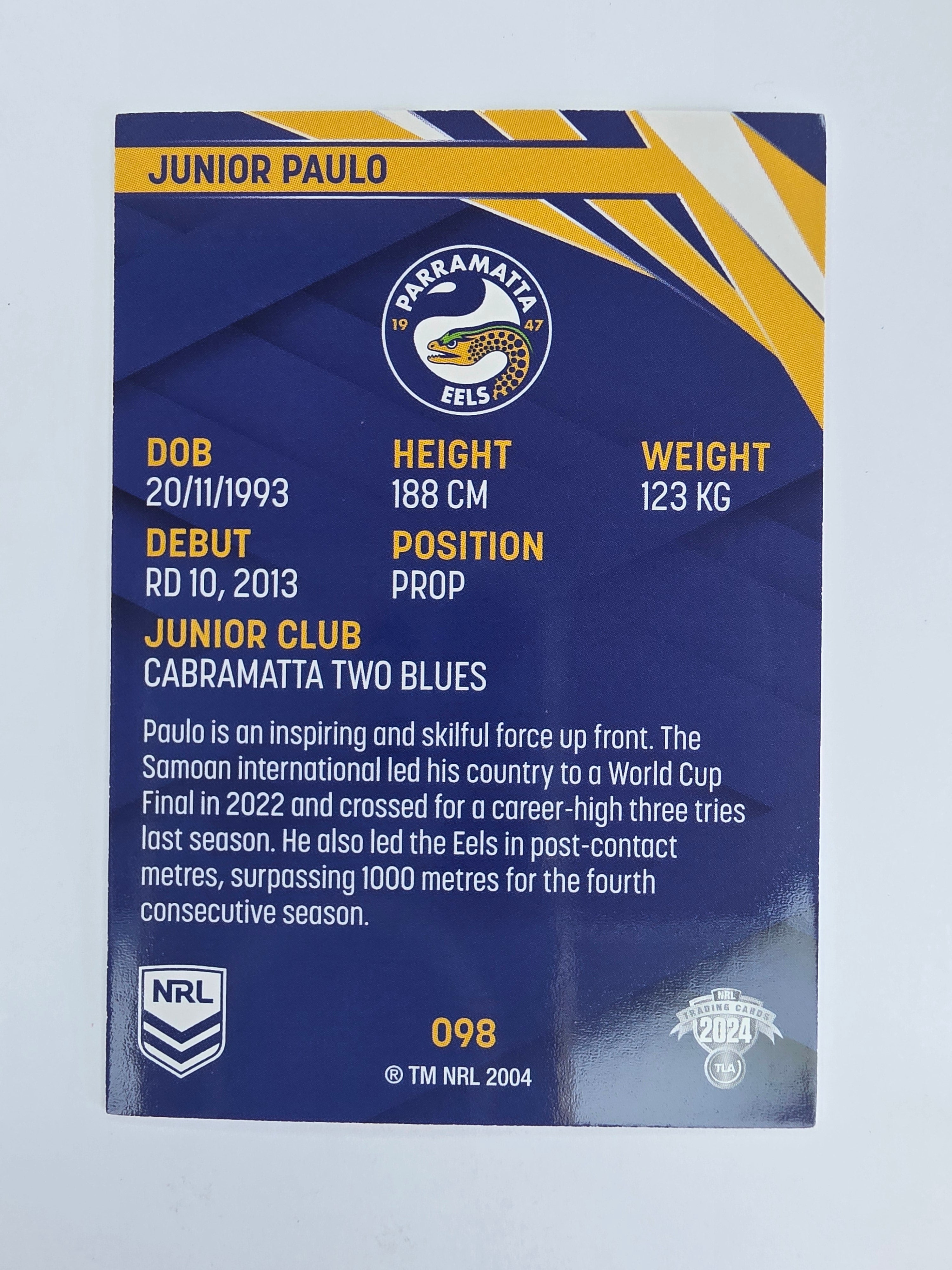 NRL 2024 Traders Base Card #098 Junior Paulo Parramatta Eels