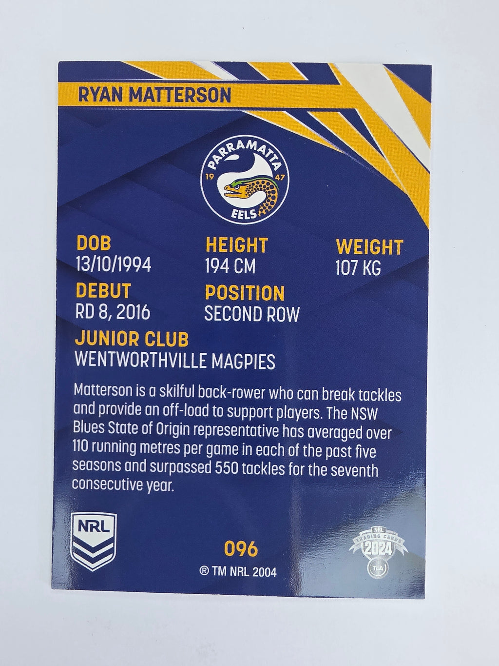 NRL 2024 Traders Base Card #096 Ryan Matterson Parramatta Eels
