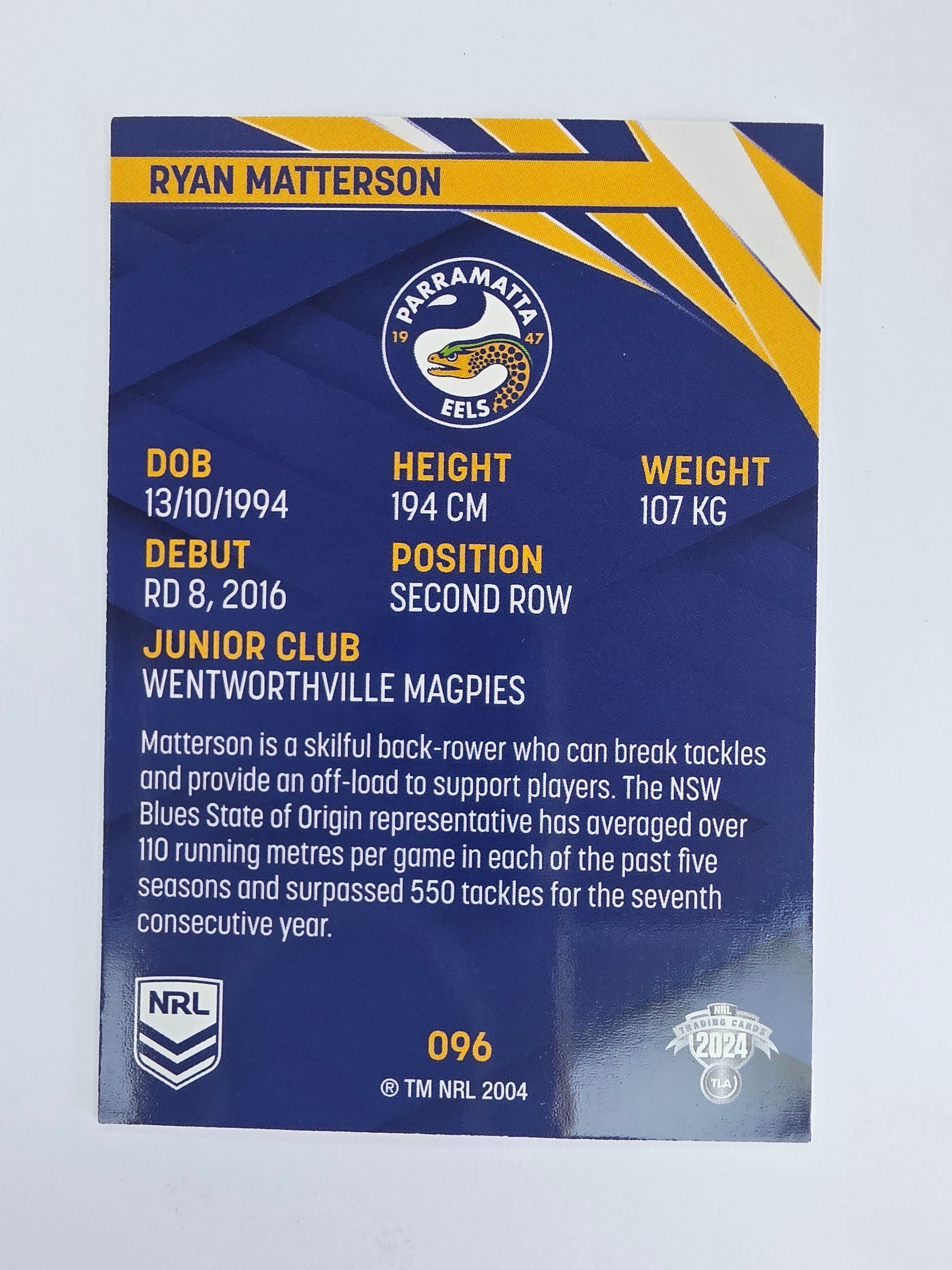 NRL 2024 Traders Base Card #096 Ryan Matterson Parramatta Eels