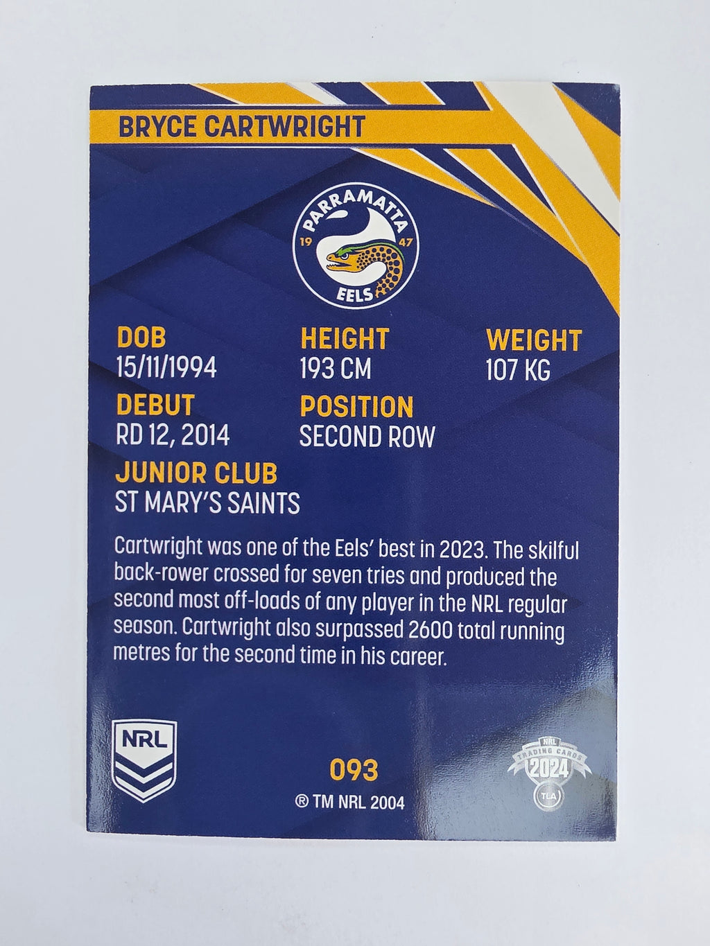 NRL 2024 Traders Base Card #093 Bryce Cartwright Parramatta Eels