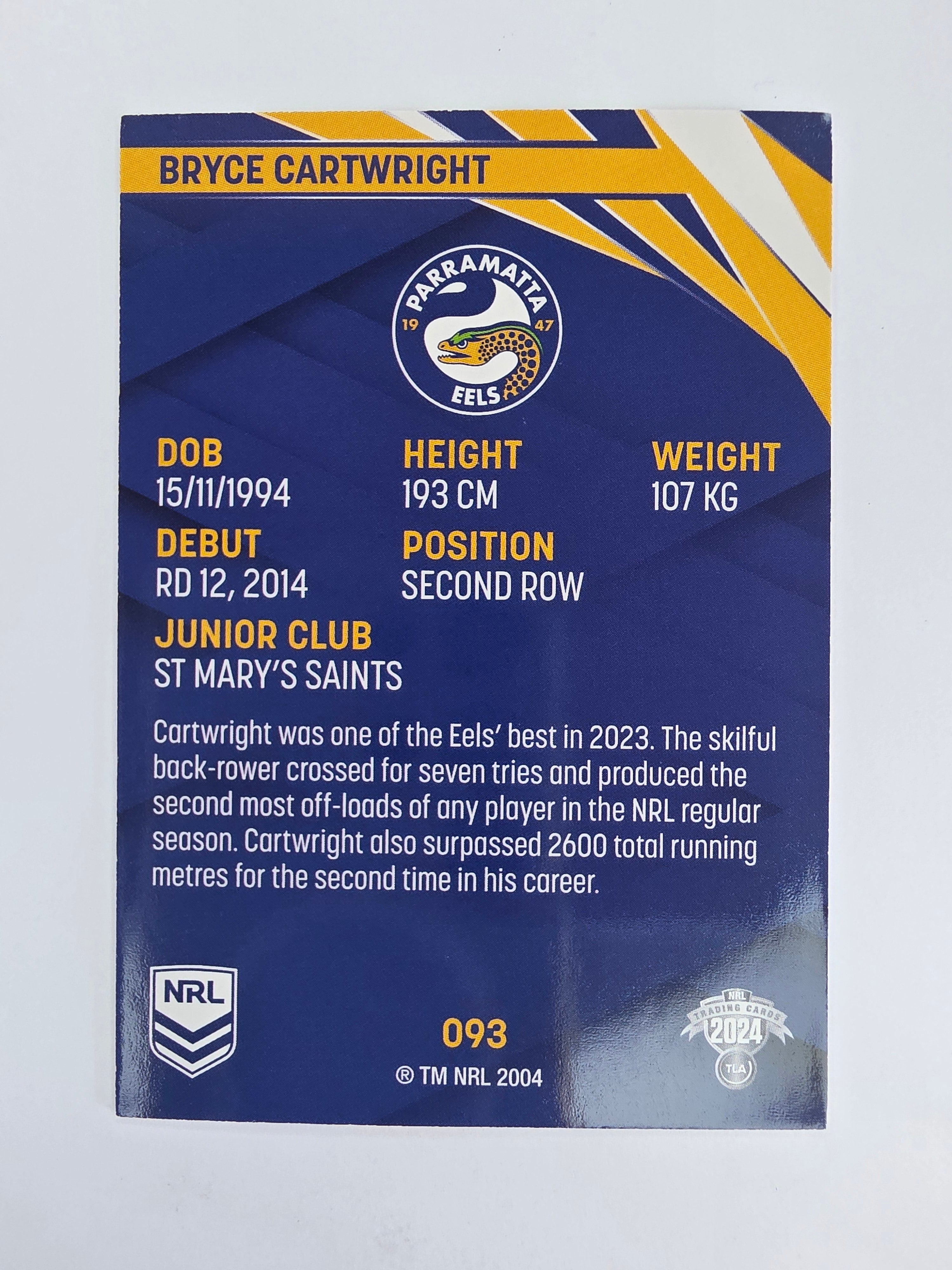 NRL 2024 Traders Base Card #093 Bryce Cartwright Parramatta Eels