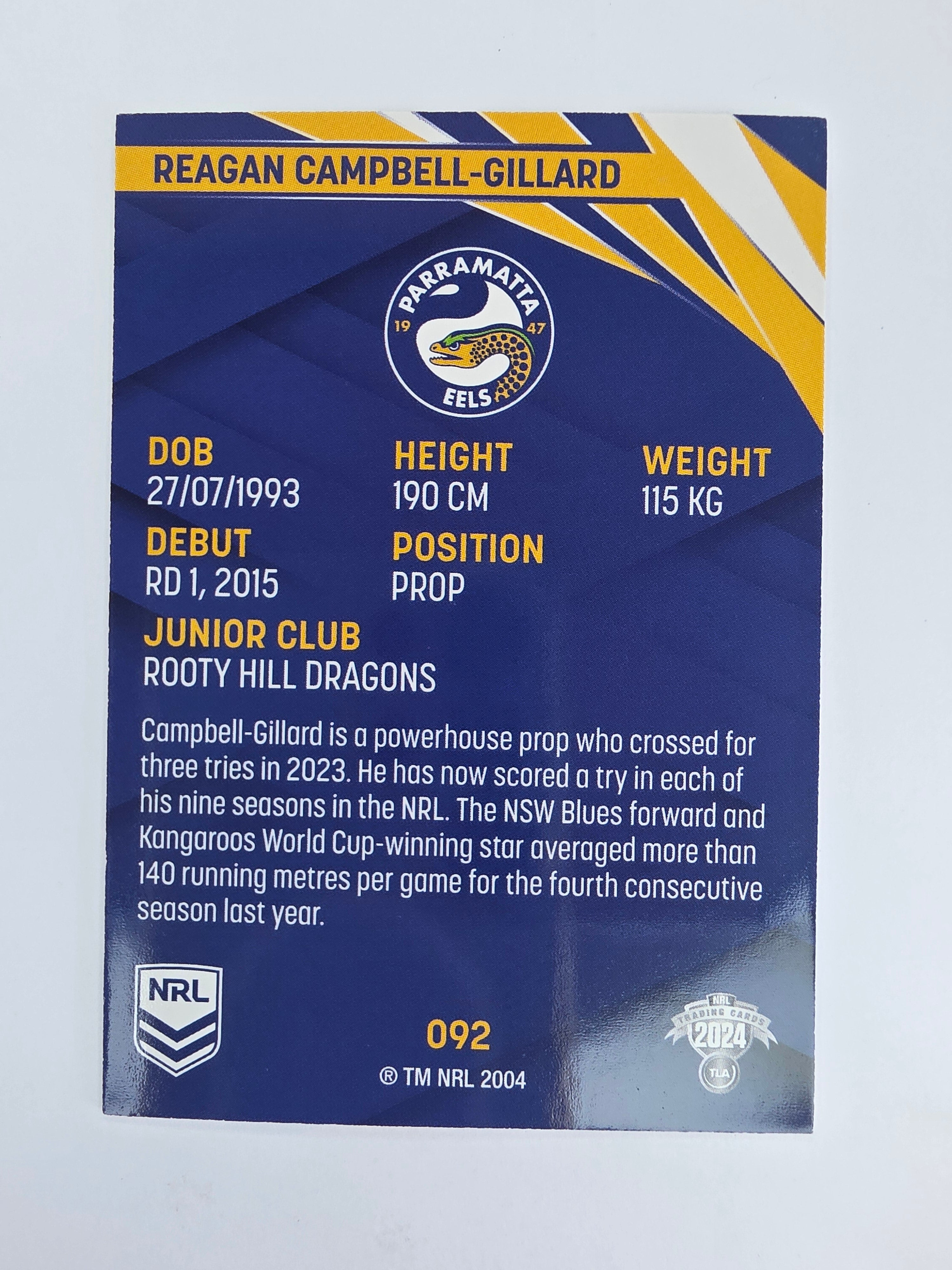 NRL 2024 Traders Base Card #092 Reagan Campbell-Gillard Parramatta Eels