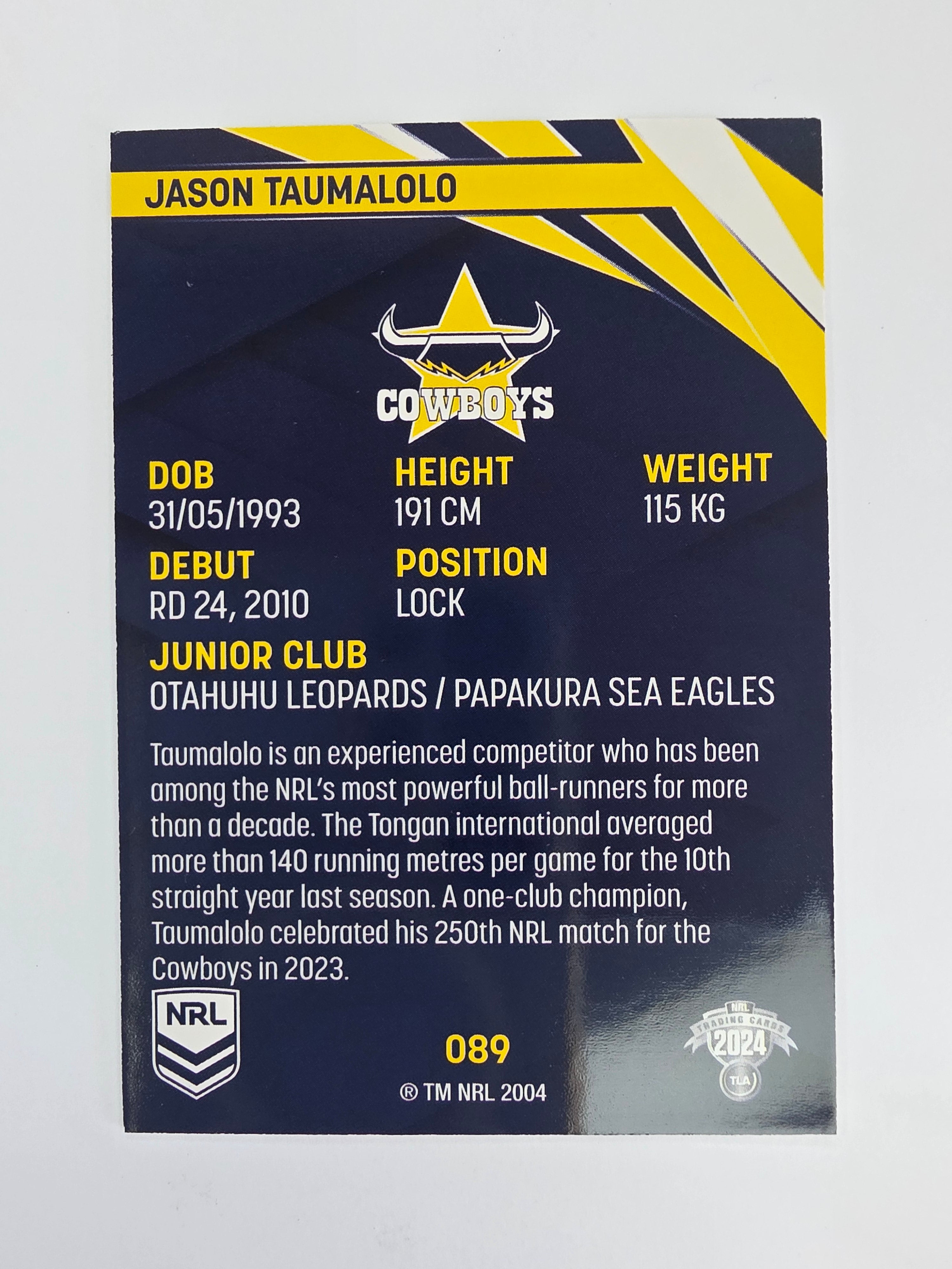 NRL 2024 Traders Base Card #089 Jason Taumalolo North Queensland Cowboys