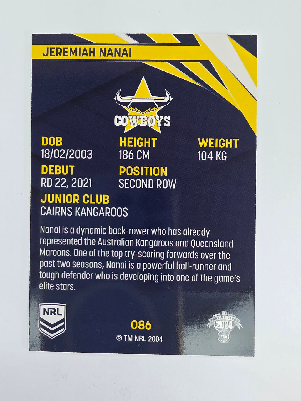 NRL 2024 Traders Base Card #086 Jeremiah Nanai North Queensland Cowboys