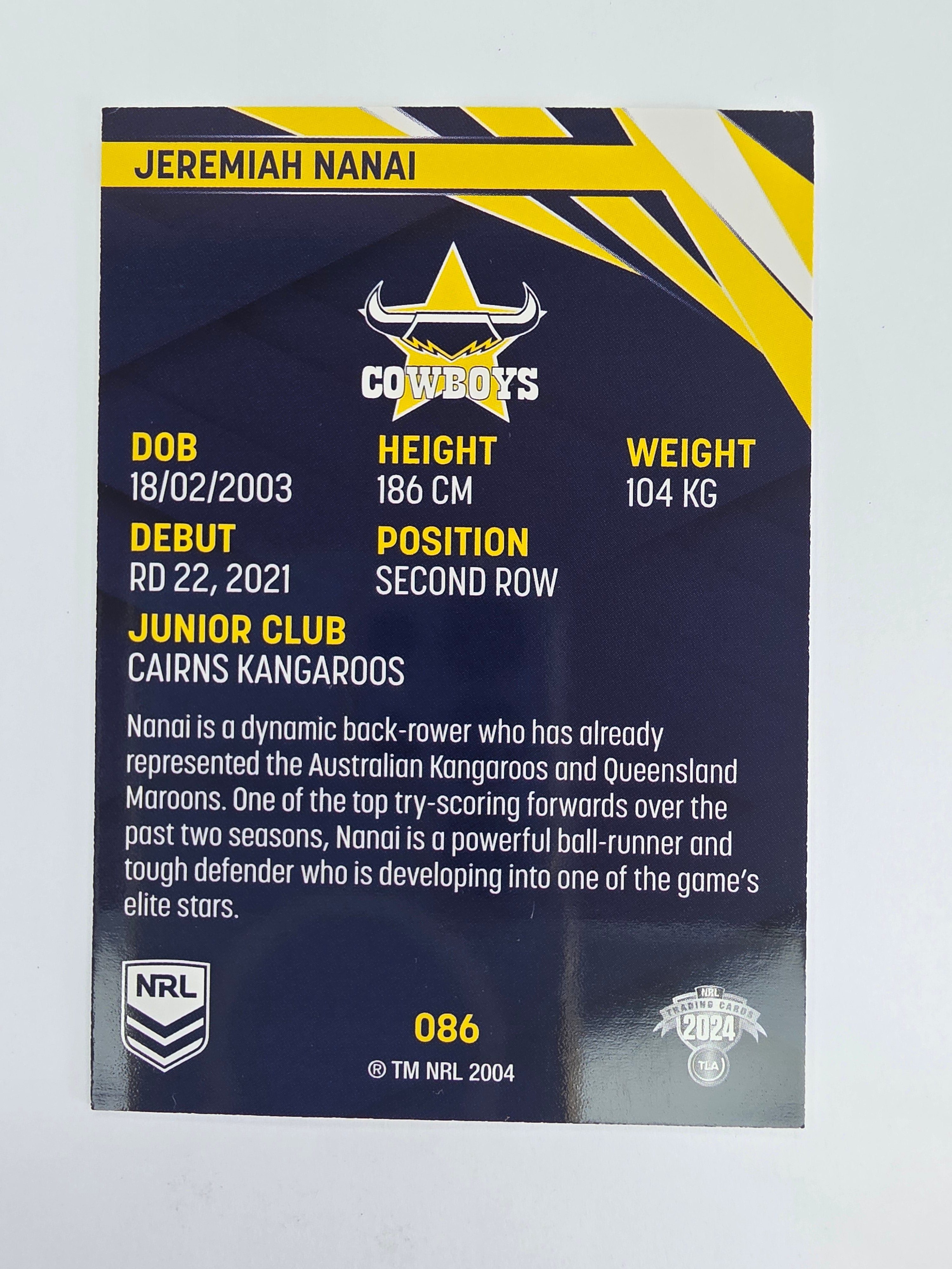NRL 2024 Traders Base Card #086 Jeremiah Nanai North Queensland Cowboys