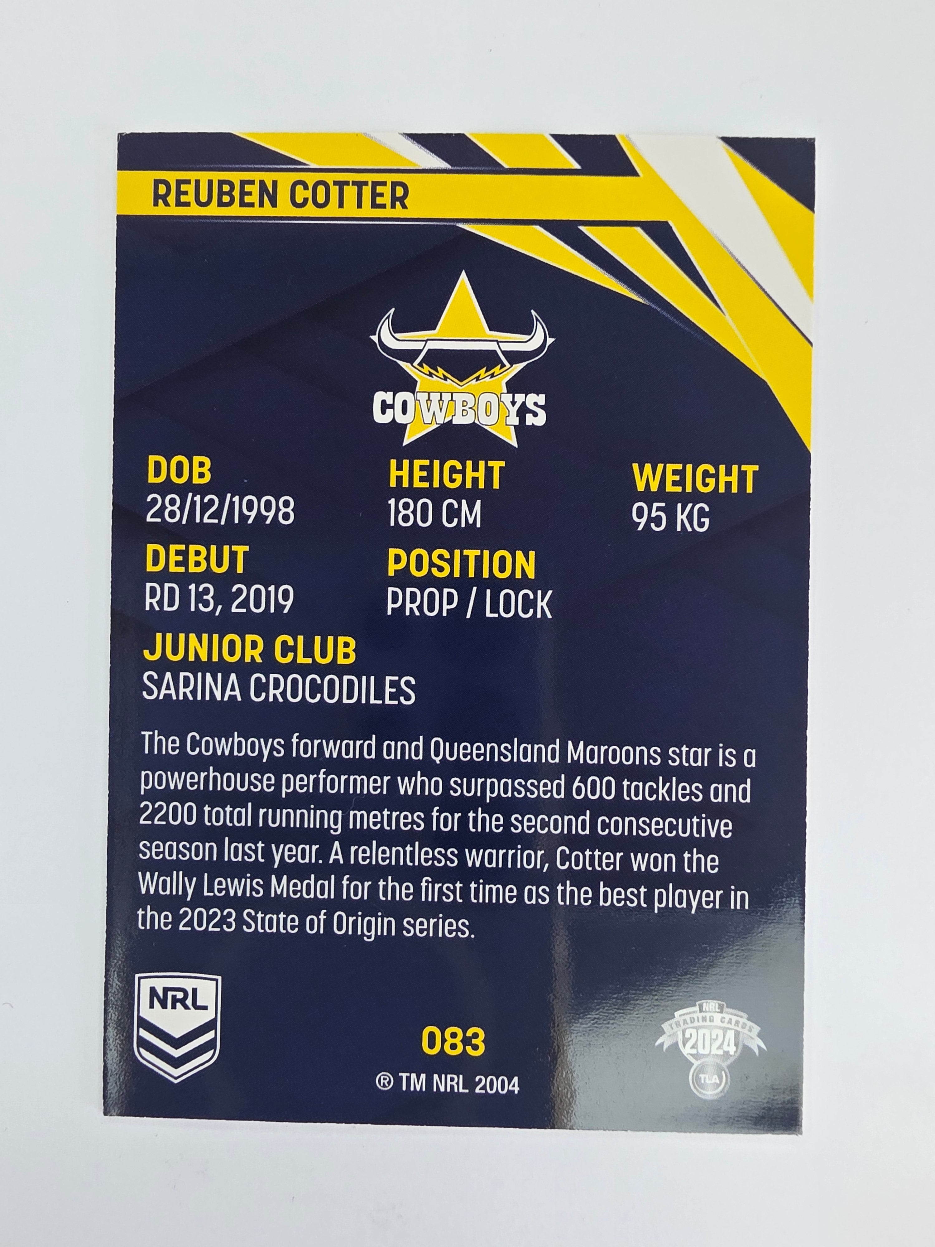 NRL 2024 Traders Base Card #083 Reuben Cotter North Queensland Cowboys