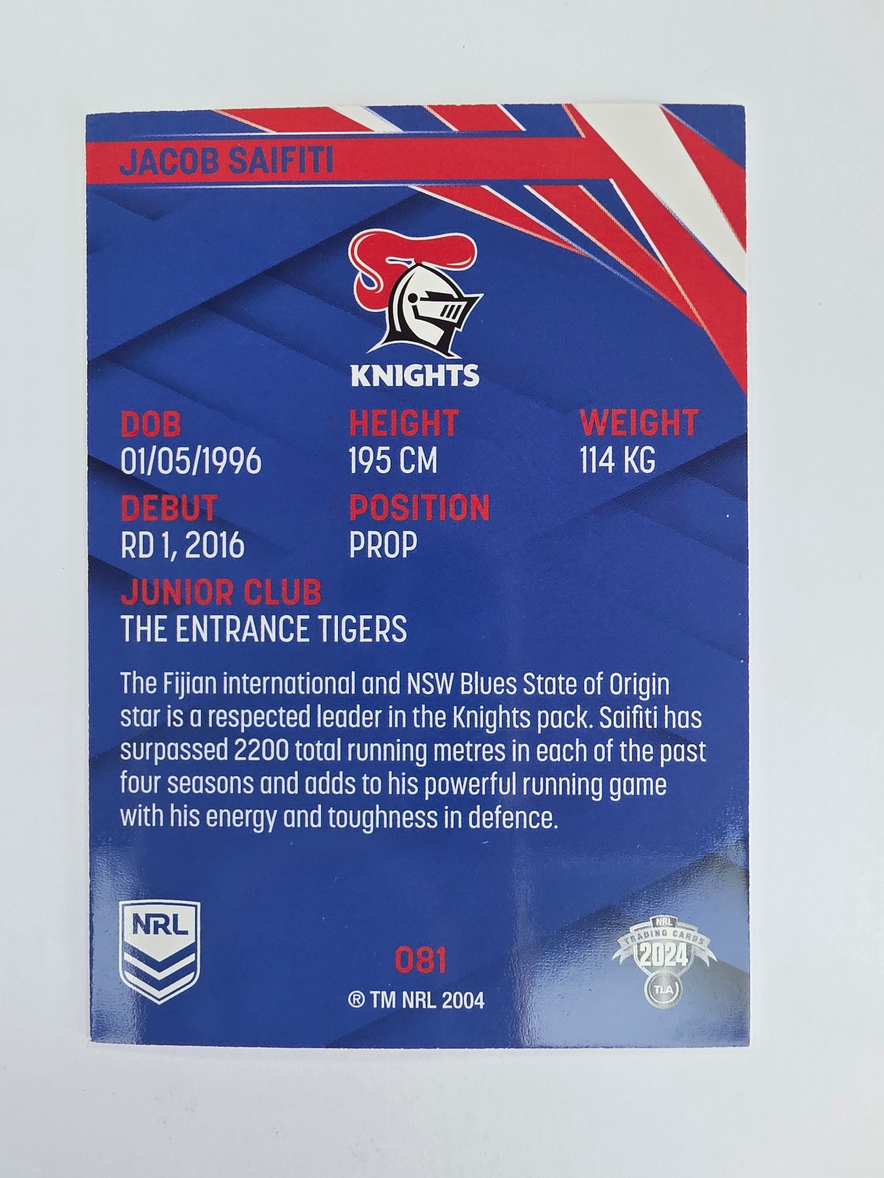 NRL 2024 Traders Base Card #081 Jacob Saifiti Newcastle Knights
