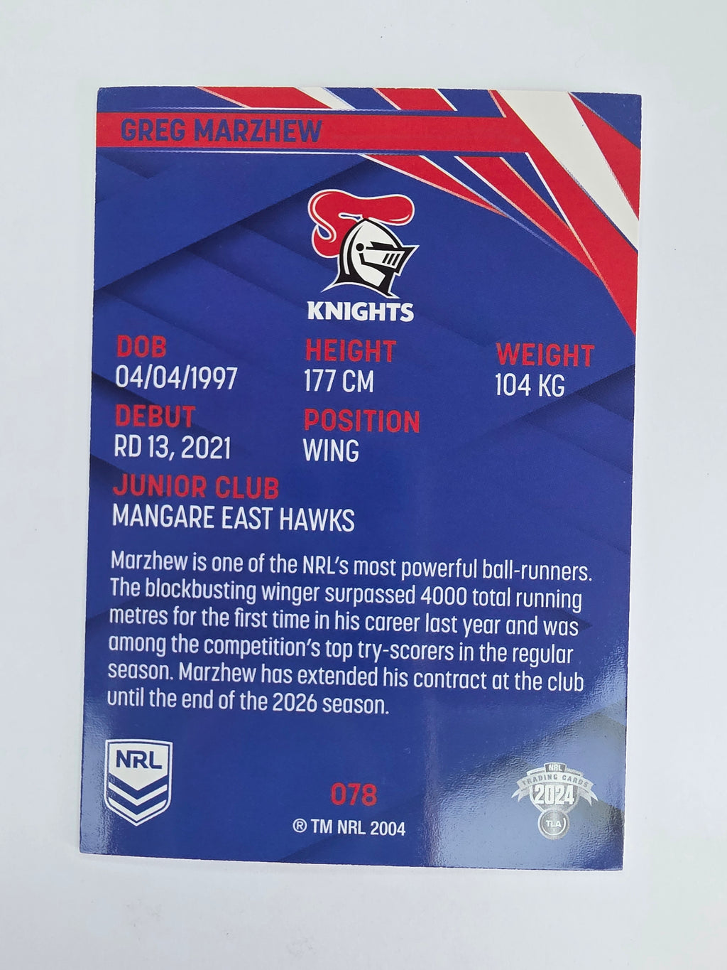 NRL 2024 Traders Base Card #078 Greg Marzhew Newcastle Knights