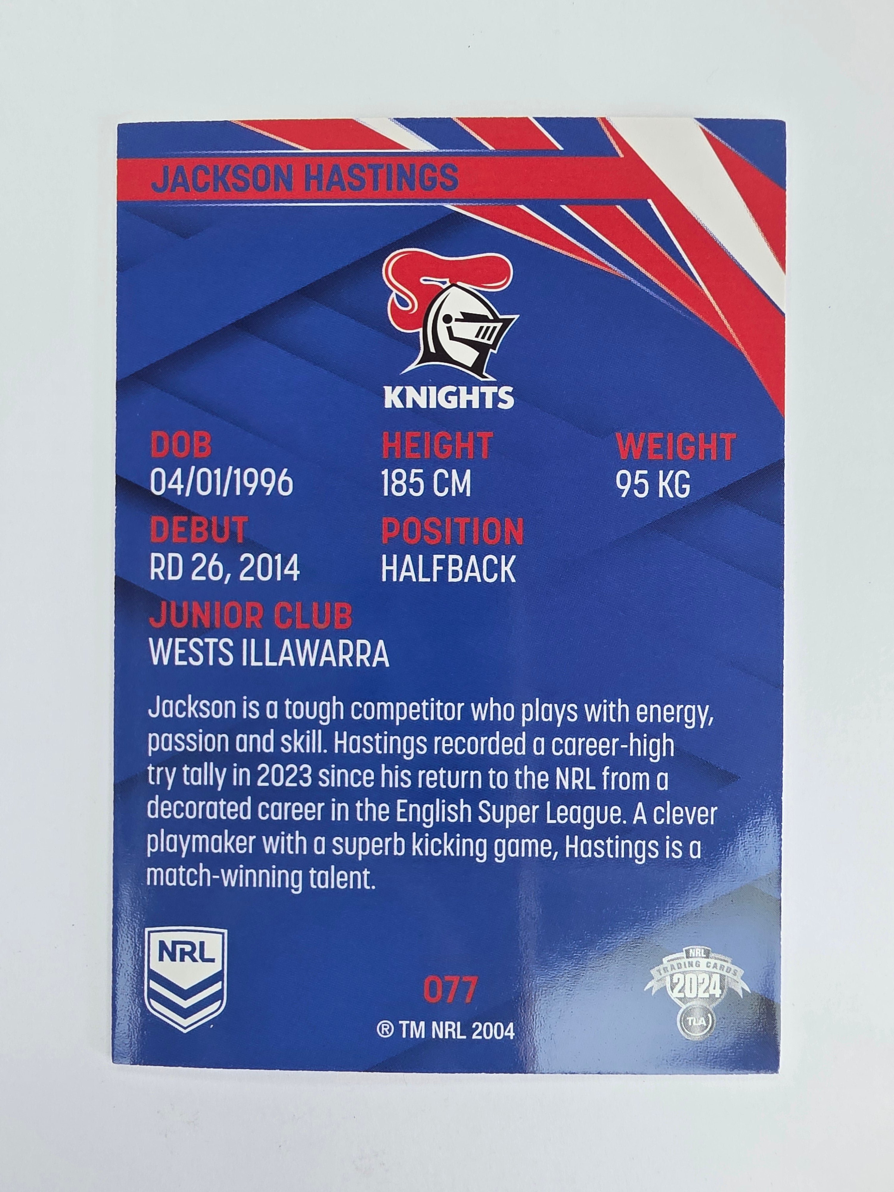 NRL 2024 Traders Base Card #077 Jackson Hastings Newcastle Knights