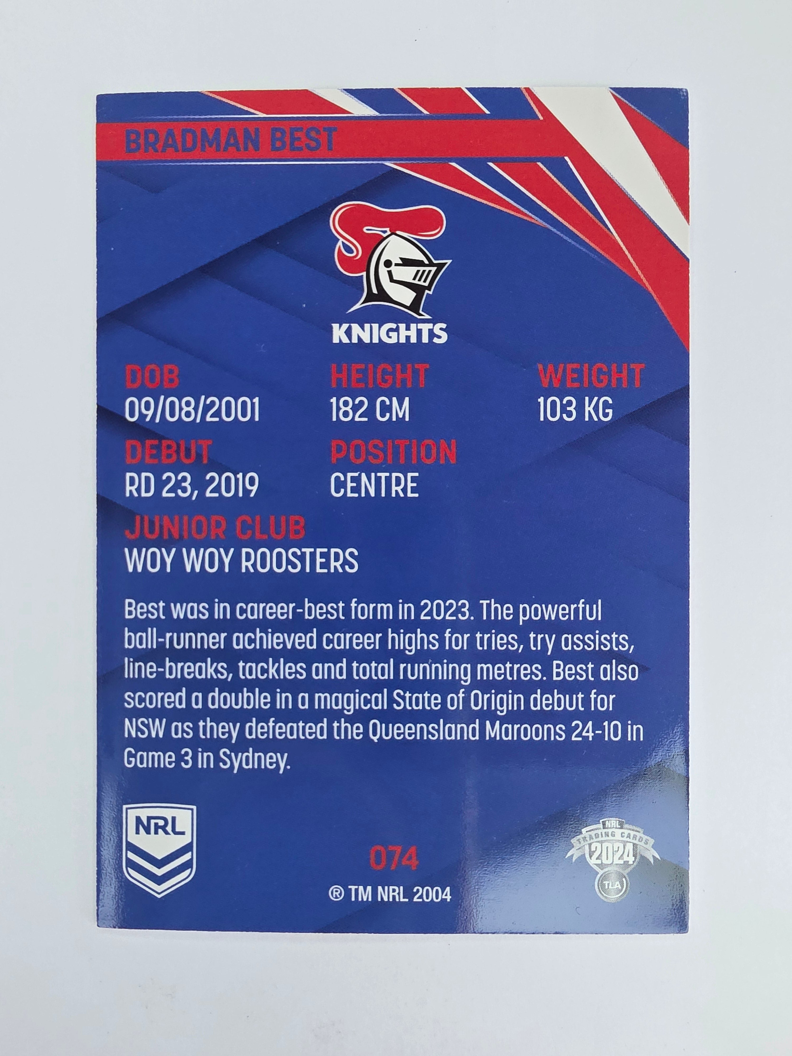 NRL 2024 Traders Base Card #074 Bradman Best Newcastle Knights