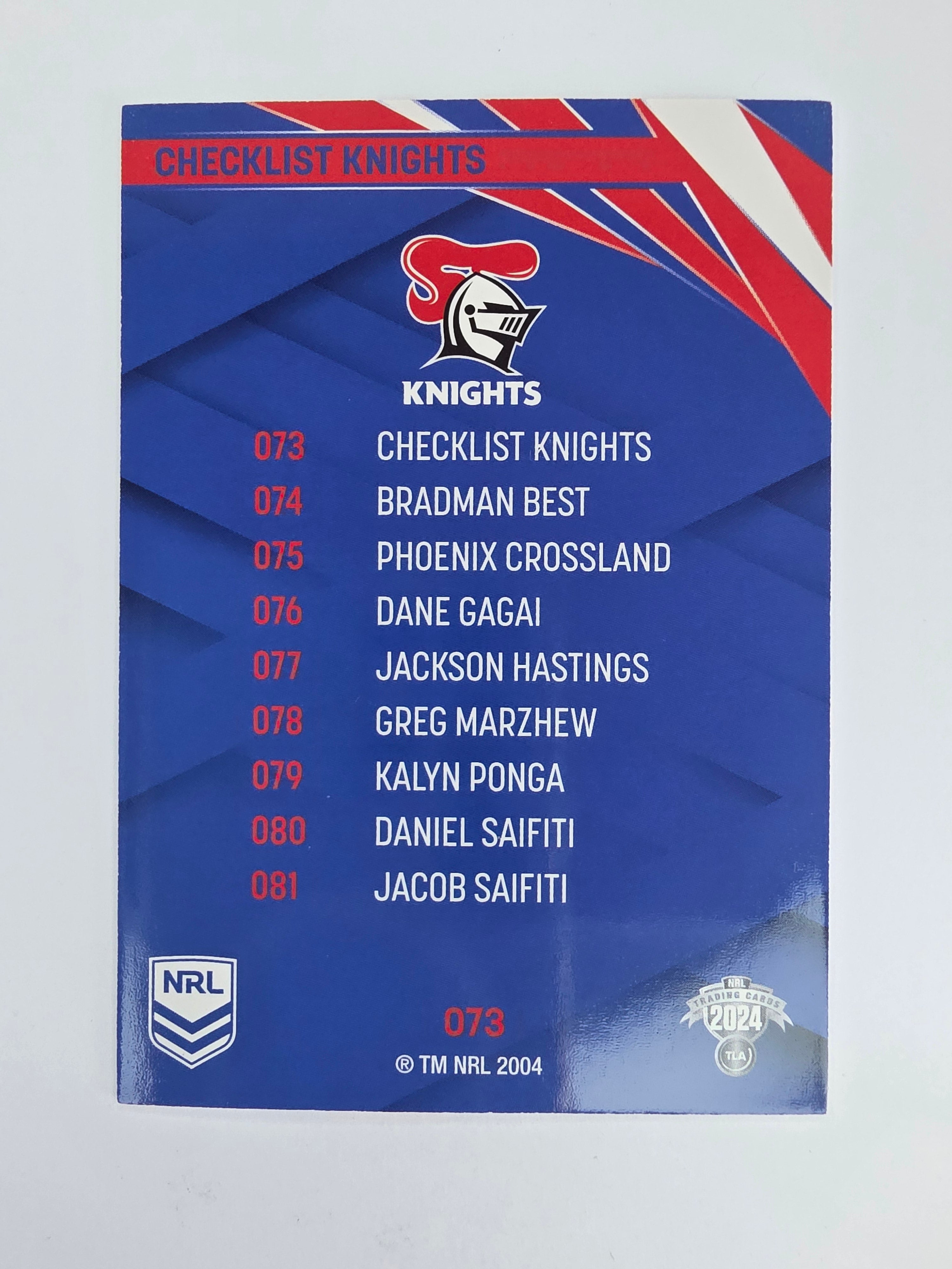NRL 2024 Traders Base Card #073 Knights Checklist Newcastle Knights