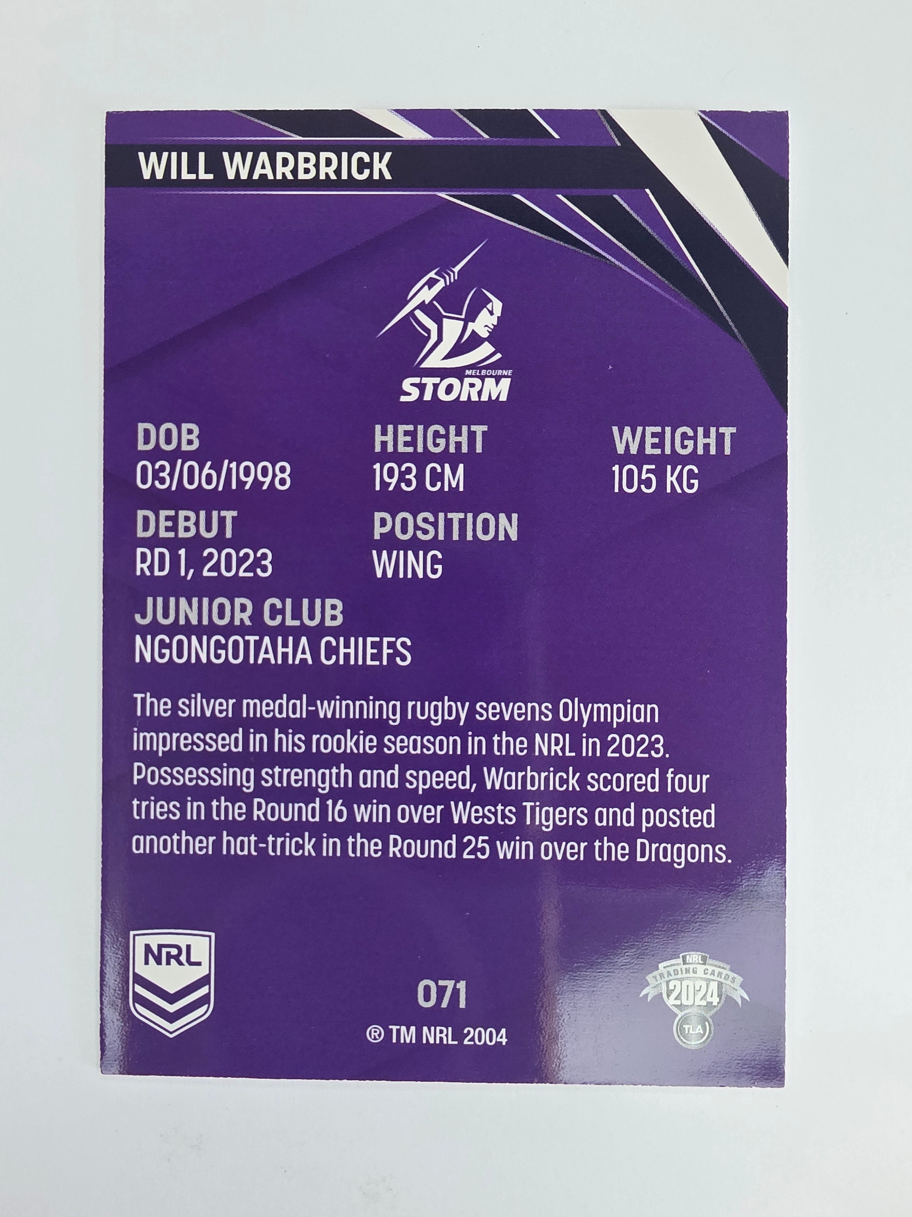 NRL 2024 Traders Base Card #071 Will Warbrick Melbourne Storm