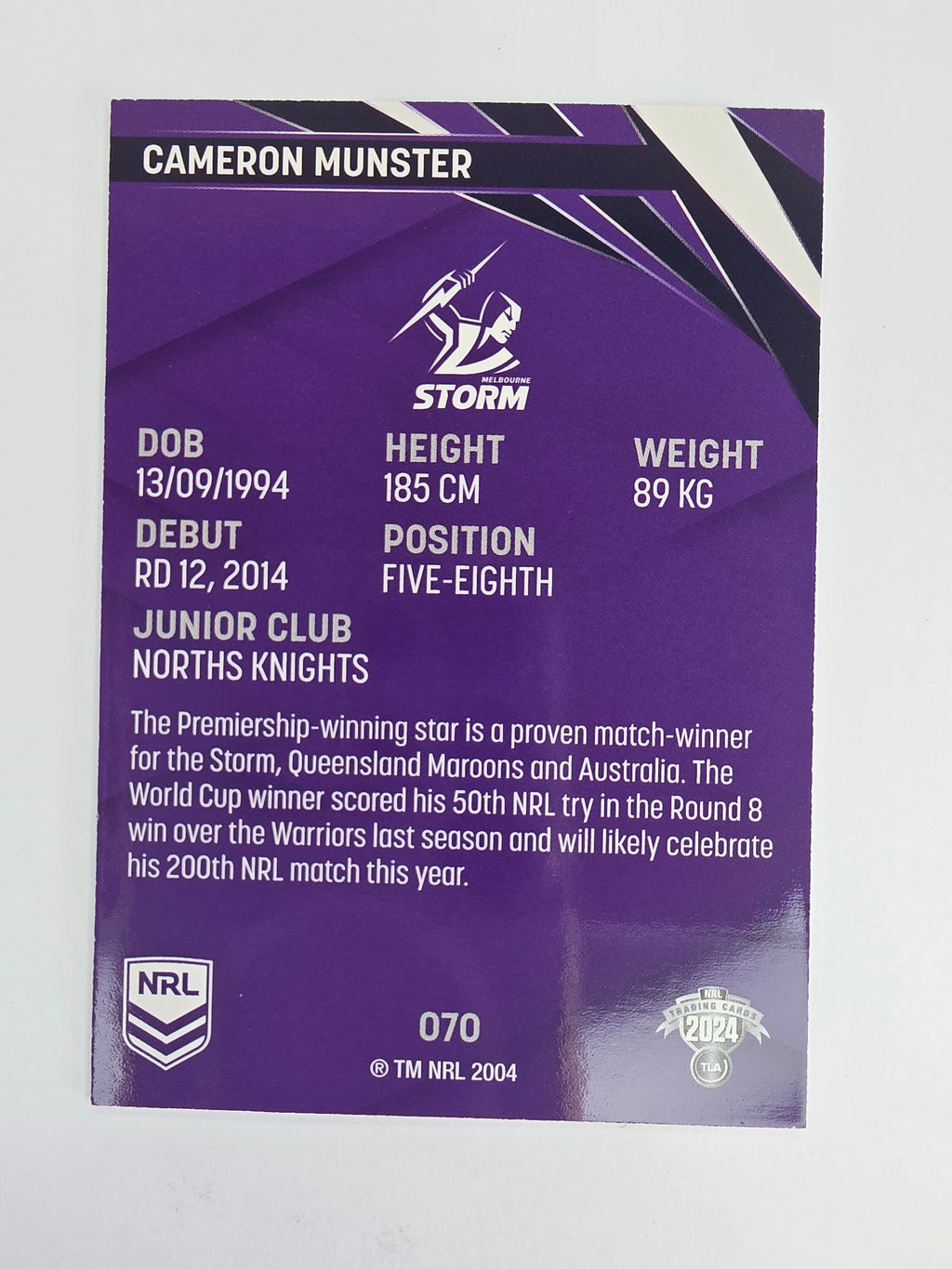 NRL 2024 Traders Base Card #070 Cameron Munster Melbourne Storm