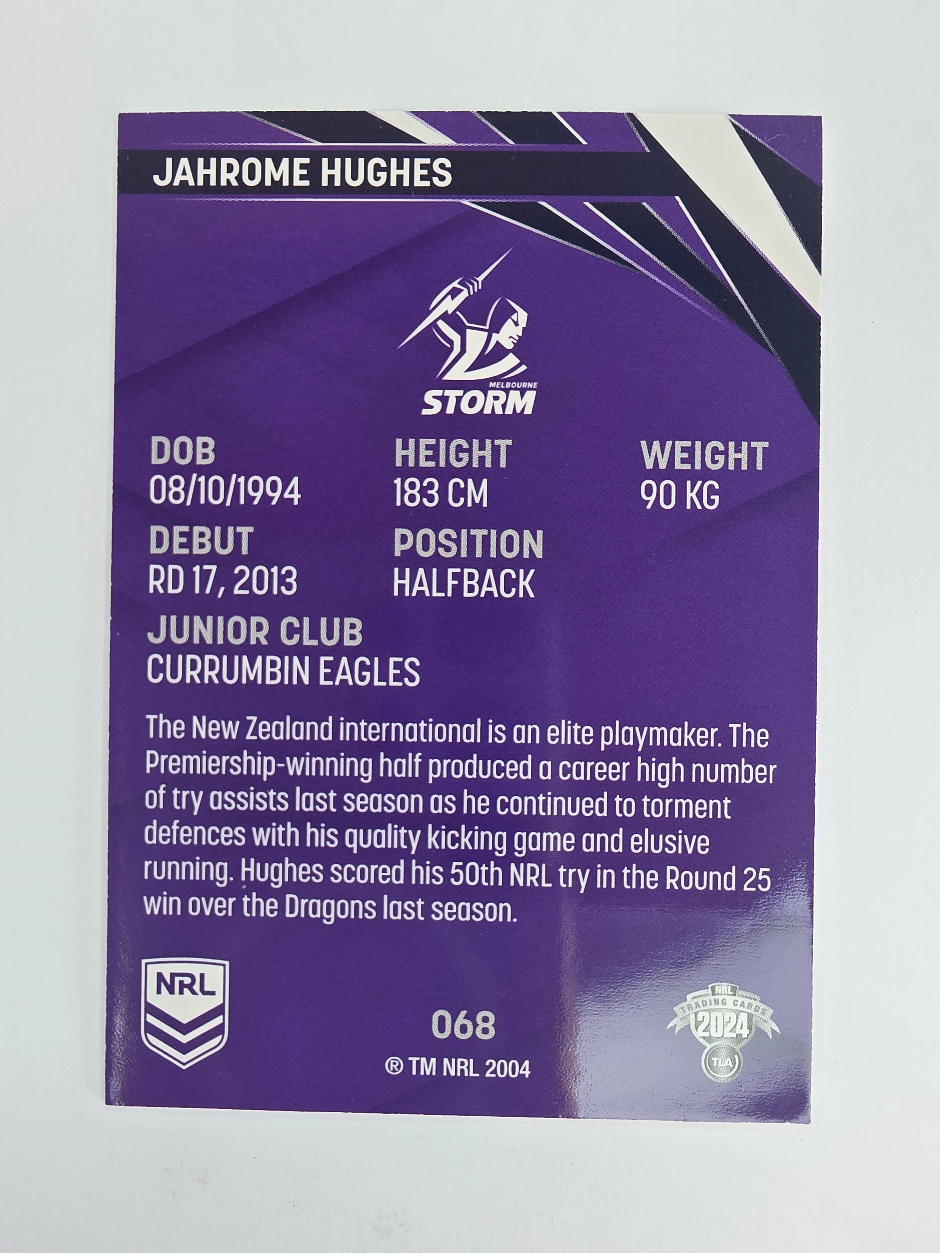 NRL 2024 Traders Base Card #068 Jahrome Hughes Melbourne Storm