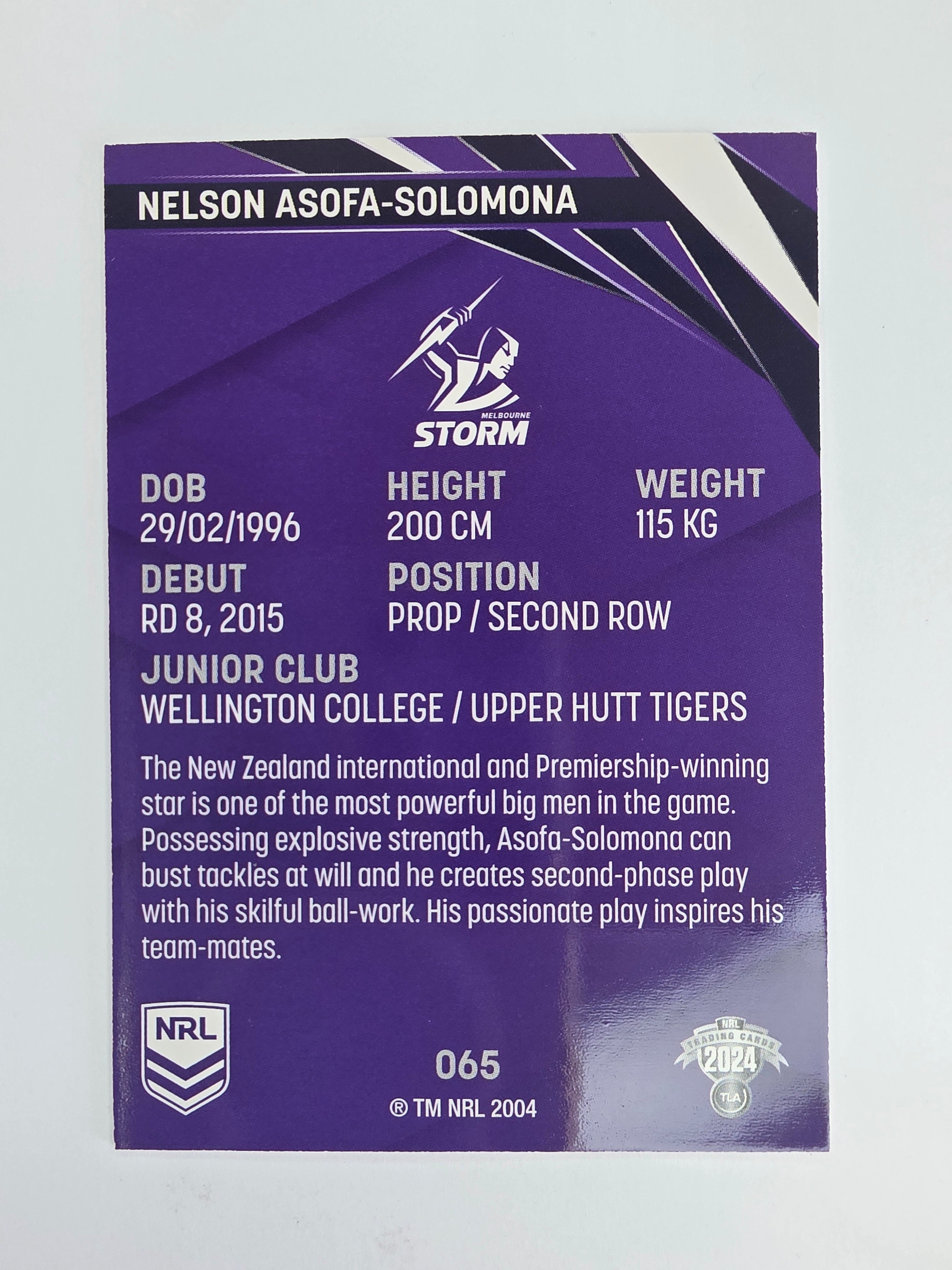 NRL 2024 Traders Base Card #065 Nelson Asofa-Solomona Melbourne Storm