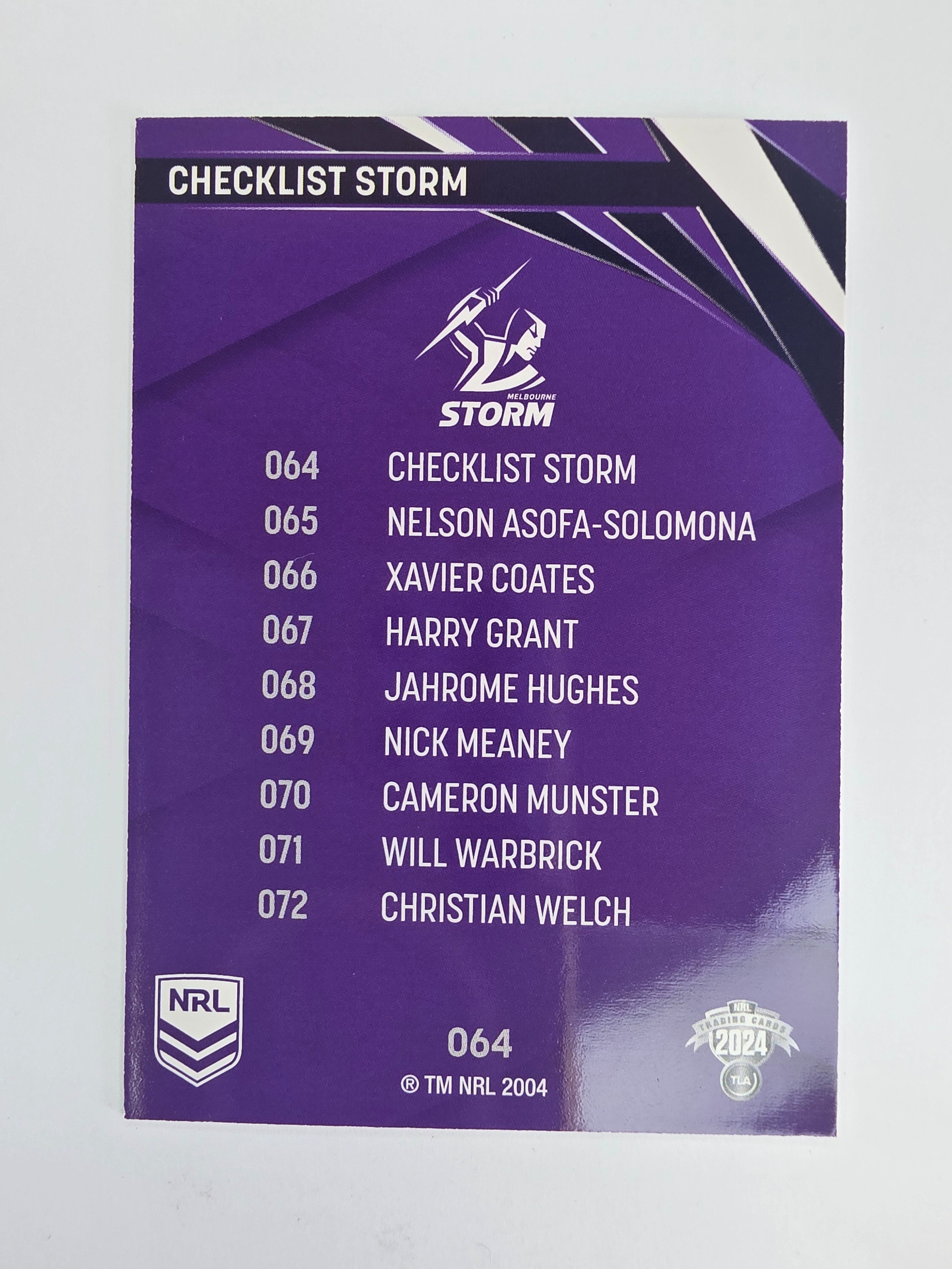 NRL 2024 Traders Base Card #064 Storm Checklist Melbourne Storm