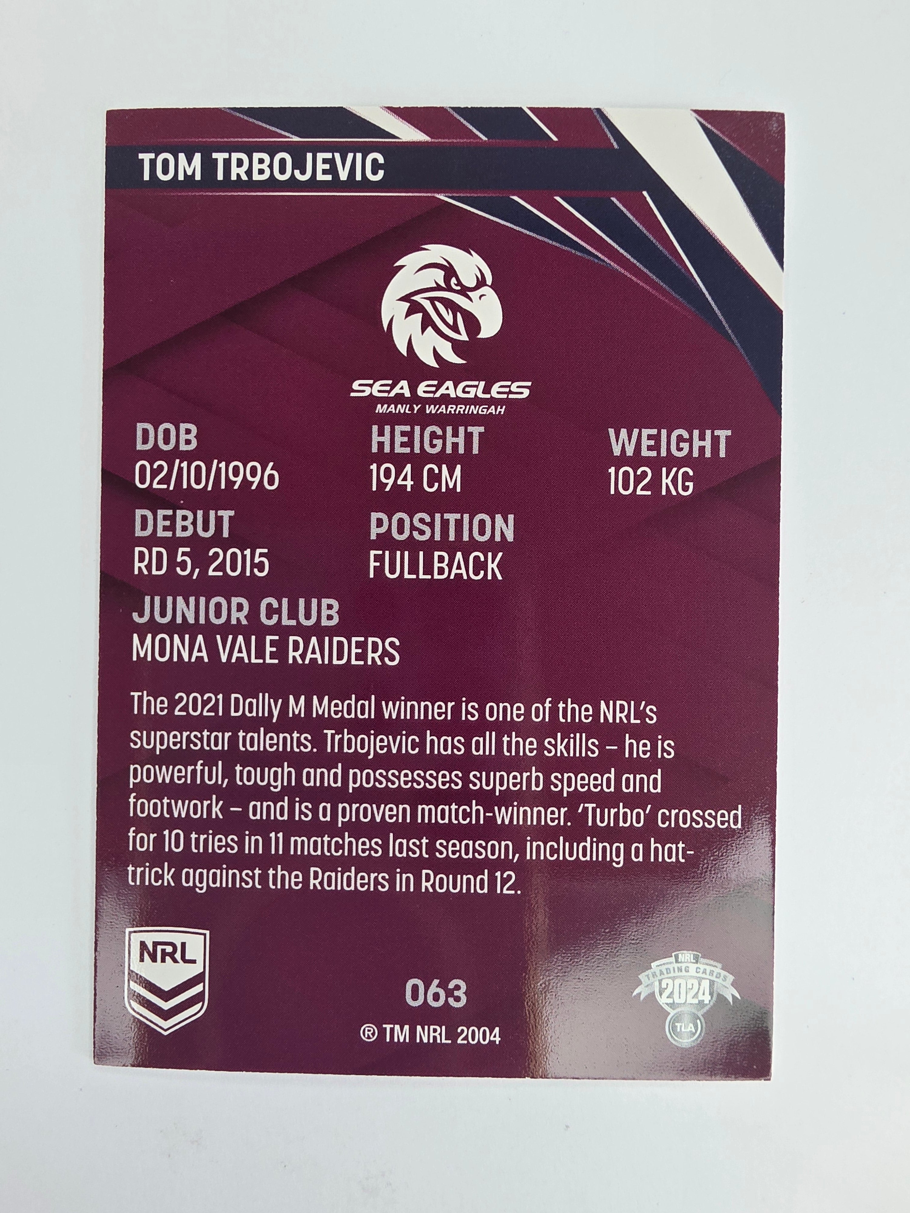 NRL 2024 Traders Base Card #063 Tom Trbojevic Manly Warringah Sea Eagles