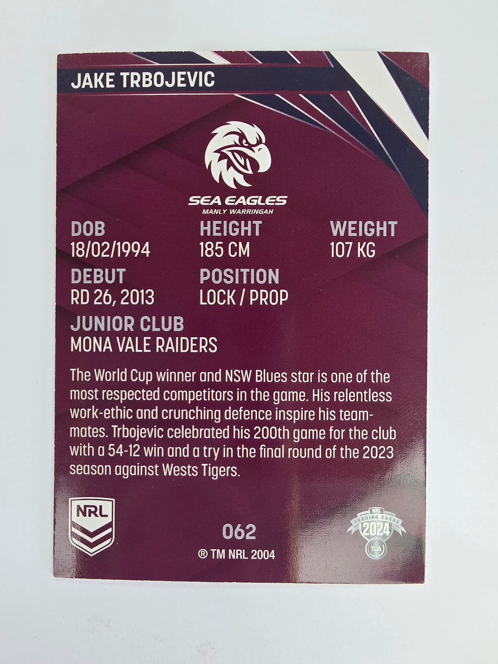 NRL 2024 Traders Base Card #062 Jake Trbojevic Manly Warringah Sea Eagles