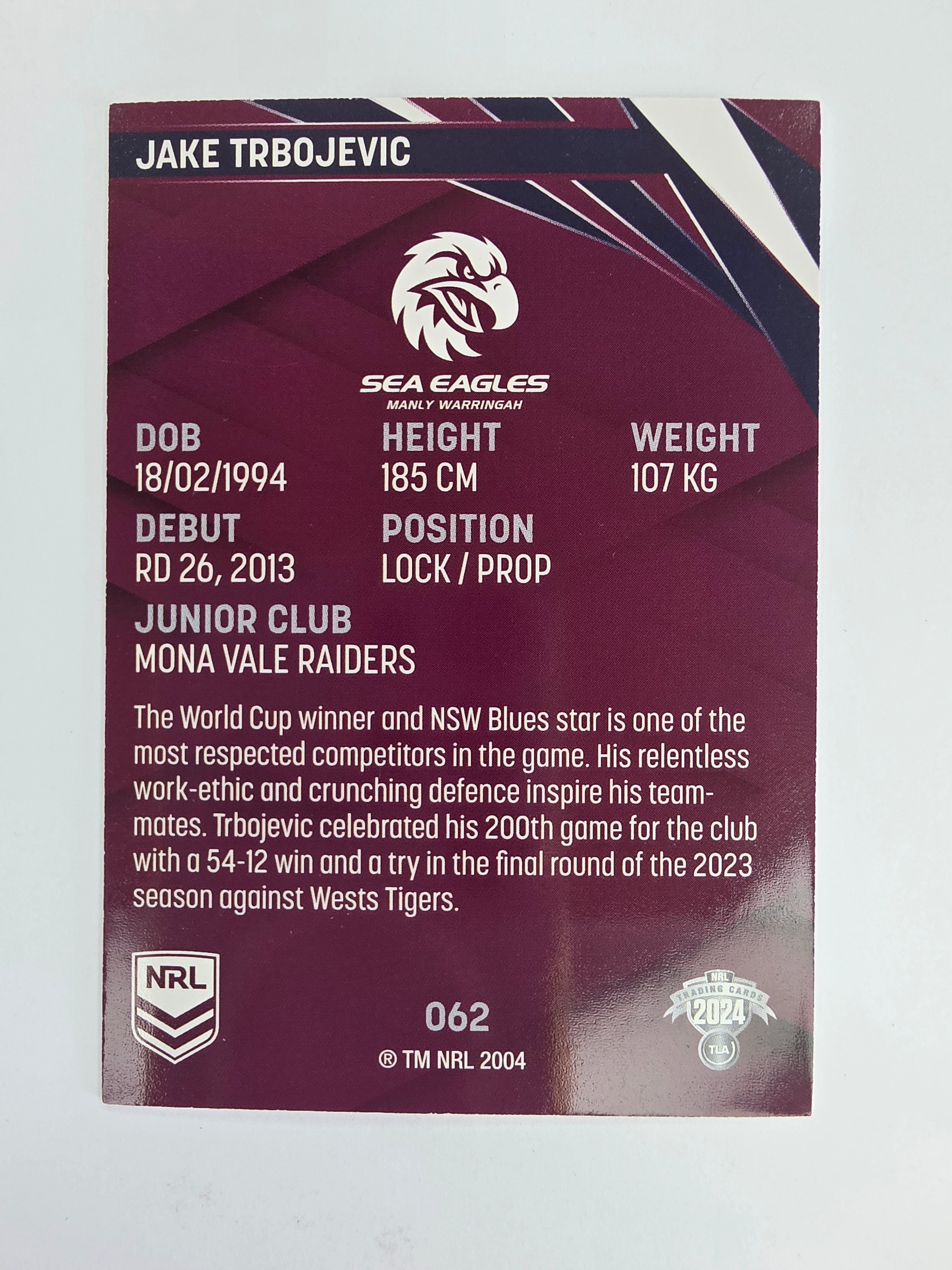 NRL 2024 Traders Base Card #062 Jake Trbojevic Manly Warringah Sea Eagles