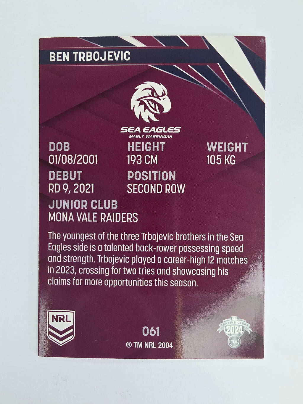 NRL 2024 Traders Base Card #061 Ben Trbojevic Manly Warringah Sea Eagles