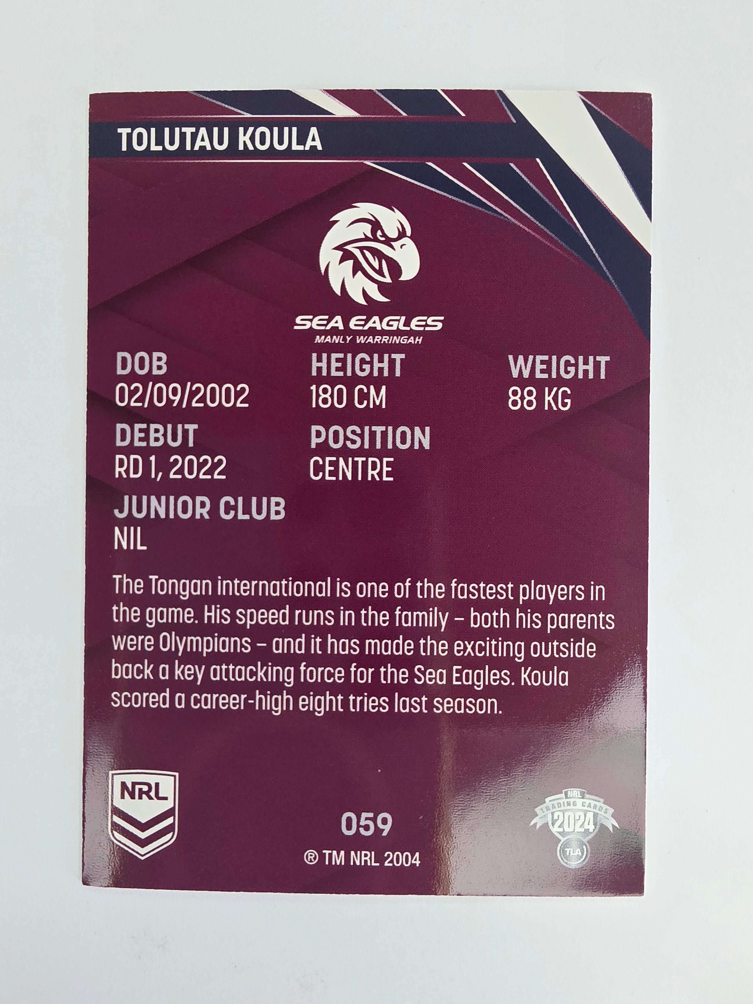 NRL 2024 Traders Base Card #059 Tolutau Koula Manly Warringah Sea Eagles