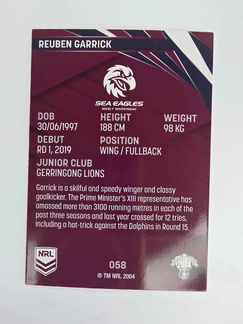 NRL 2024 Traders Base Card #058 Reuben Garrick Manly Warringah Sea Eagles