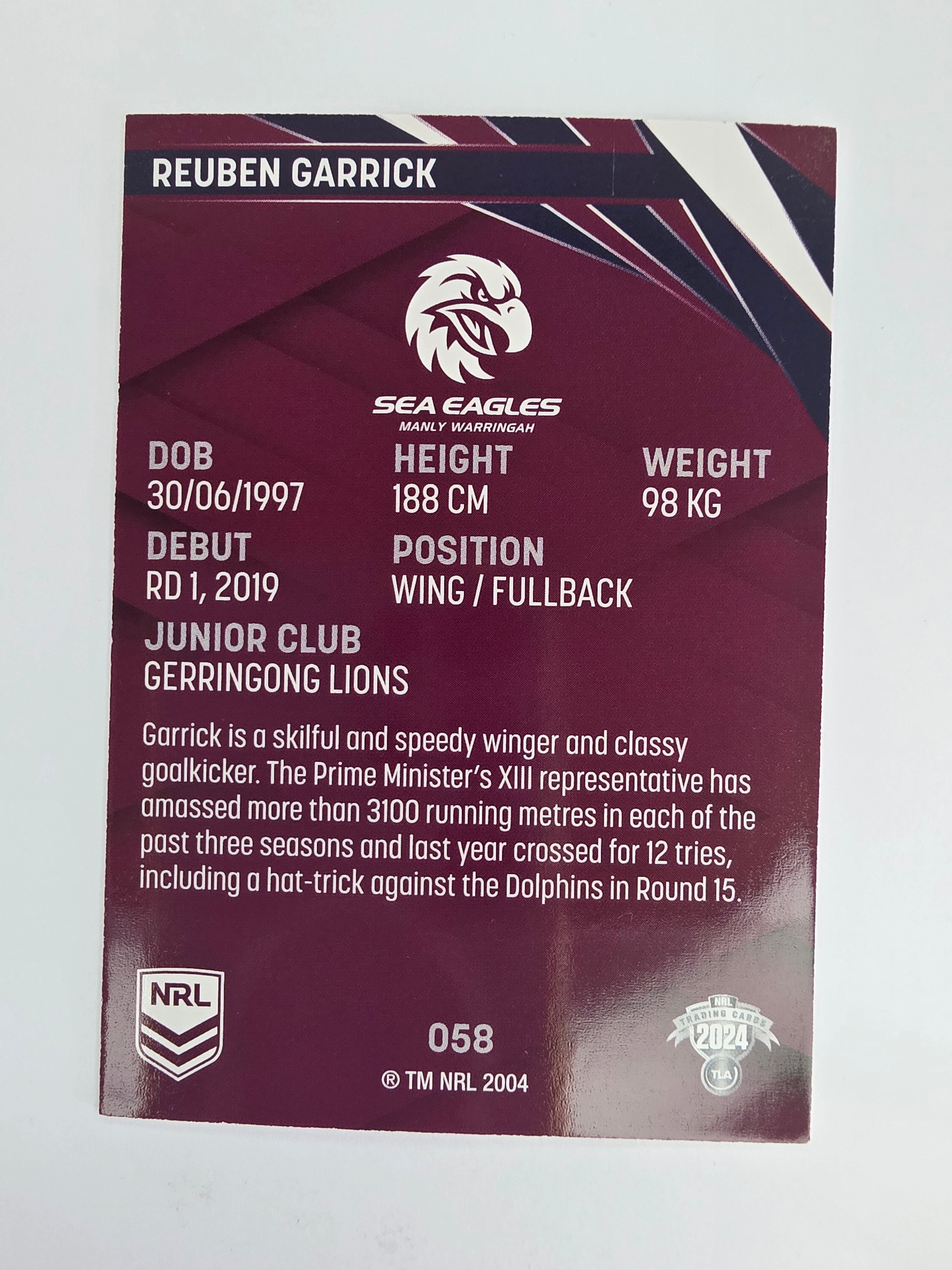 NRL 2024 Traders Base Card #058 Reuben Garrick Manly Warringah Sea Eagles