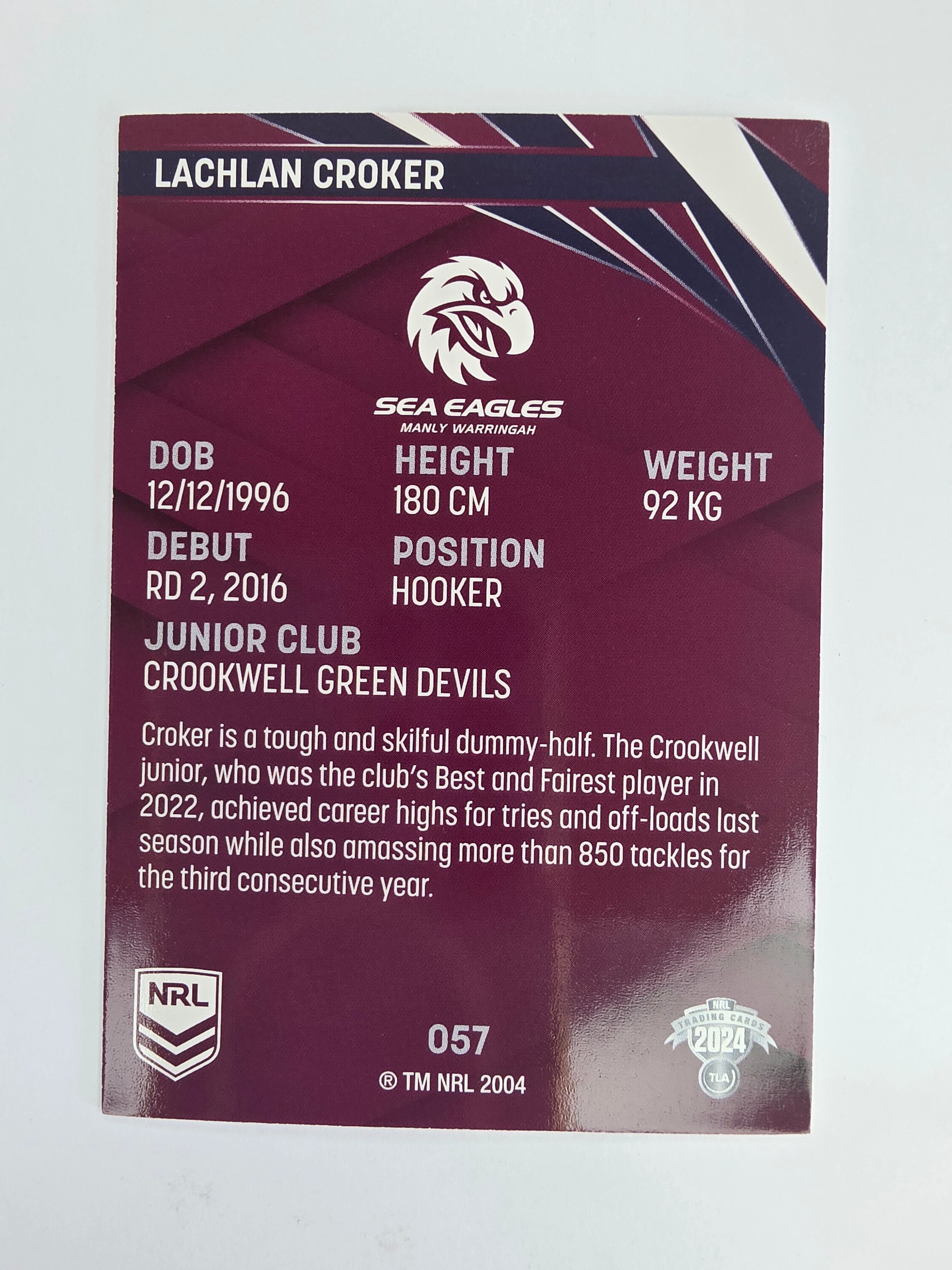 NRL 2024 Traders Base Card #057 Lachlan Croker Manly Warringah Sea Eagles