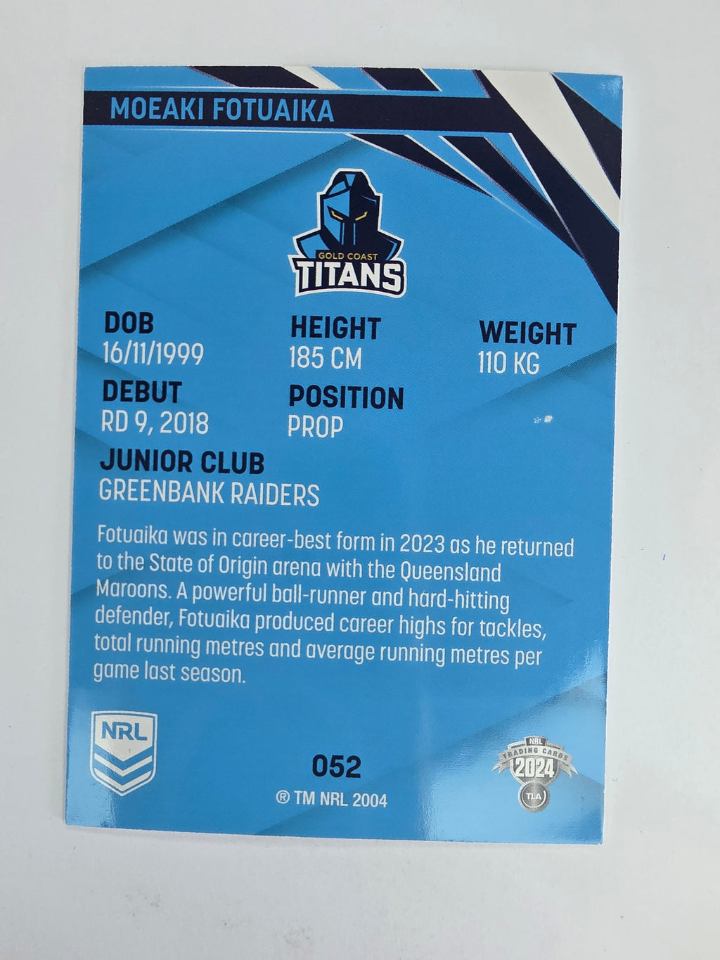NRL 2024 Traders Base Card #052 Moeaki Fotuaika Gold Coast Titans
