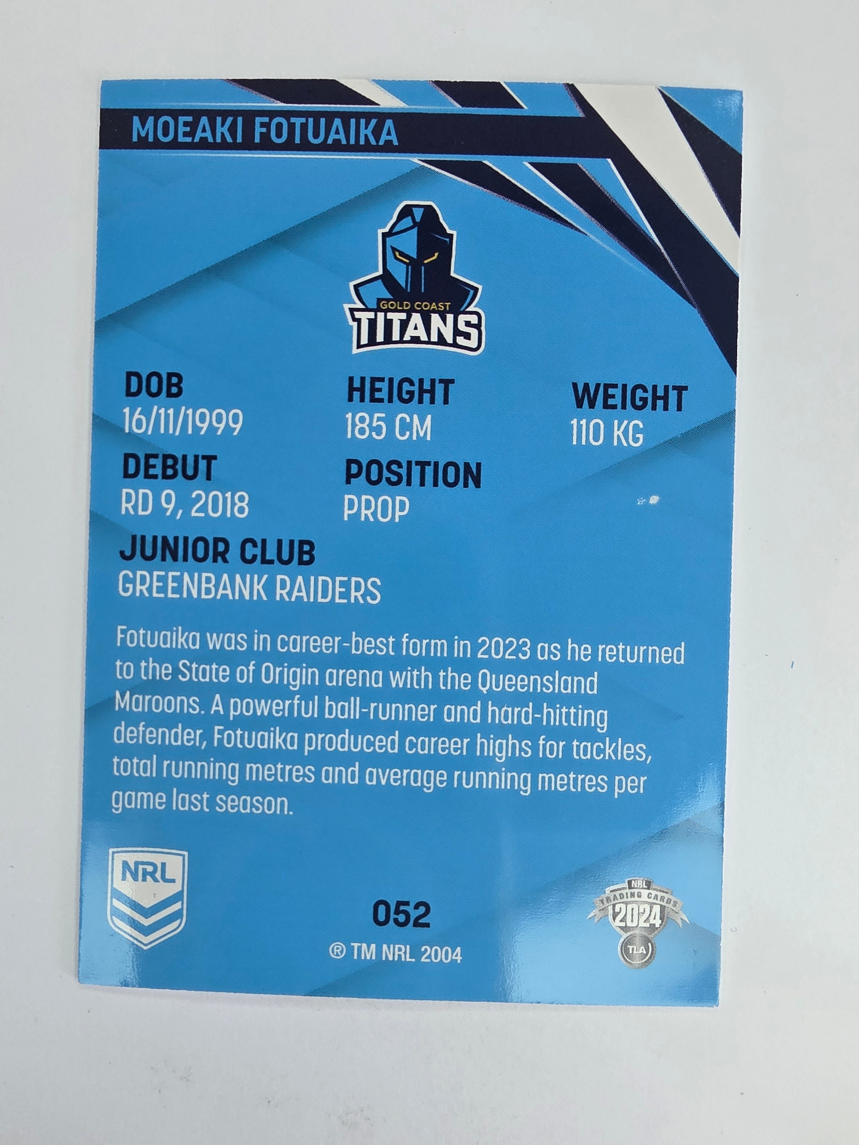 NRL 2024 Traders Base Card #052 Moeaki Fotuaika Gold Coast Titans