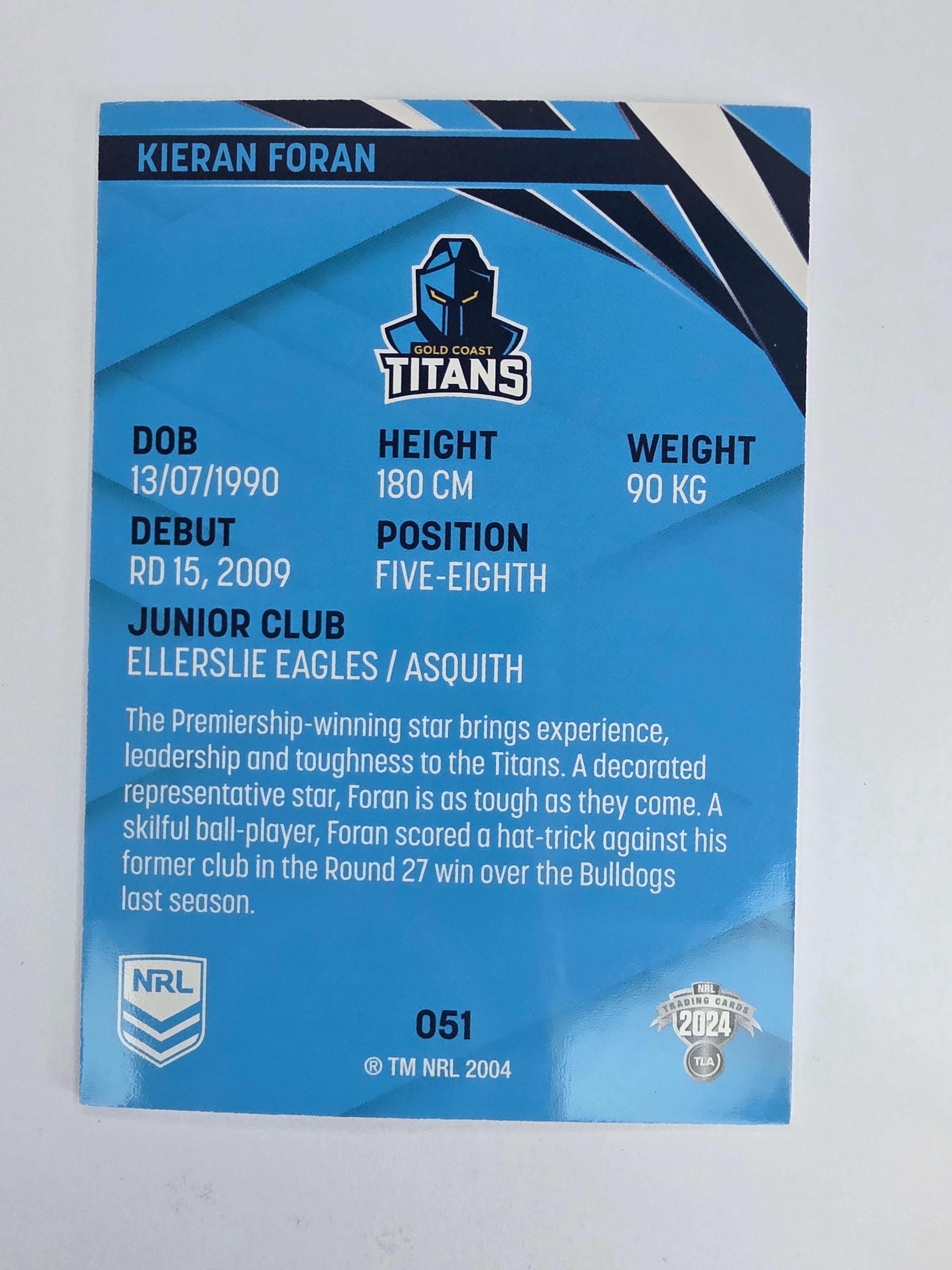 NRL 2024 Traders Base Card #051 Kieran Foran Gold Coast Titans