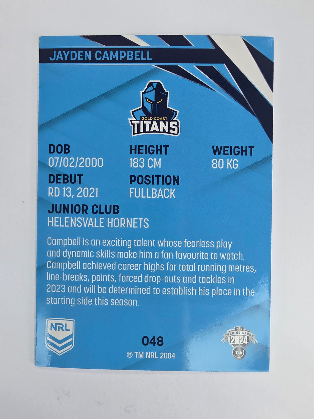NRL 2024 Traders Base Card #048 Jayden Campbell Gold Coast Titans