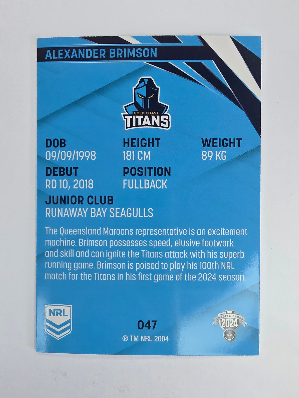 NRL 2024 Traders Base Card #047 Alexander Brimson Gold Coast Titans