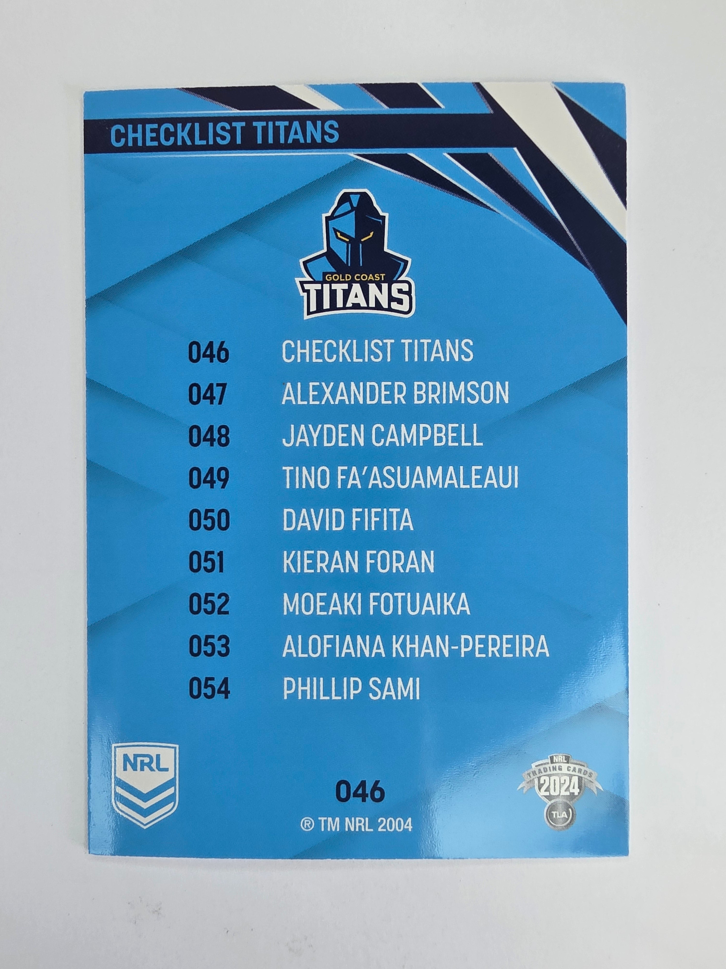 NRL 2024 Traders Base Card #046 Titans Checklist Gold Coast Titans