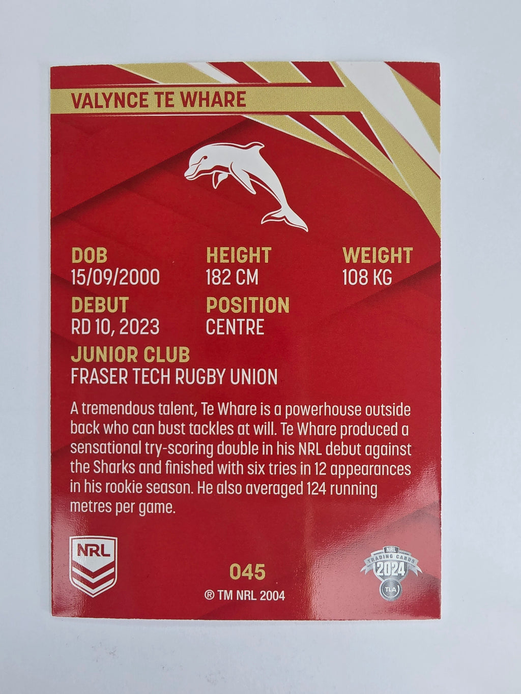 NRL 2024 Traders Base Card #045 Valynce Te Whare Redcliffe Dolphins