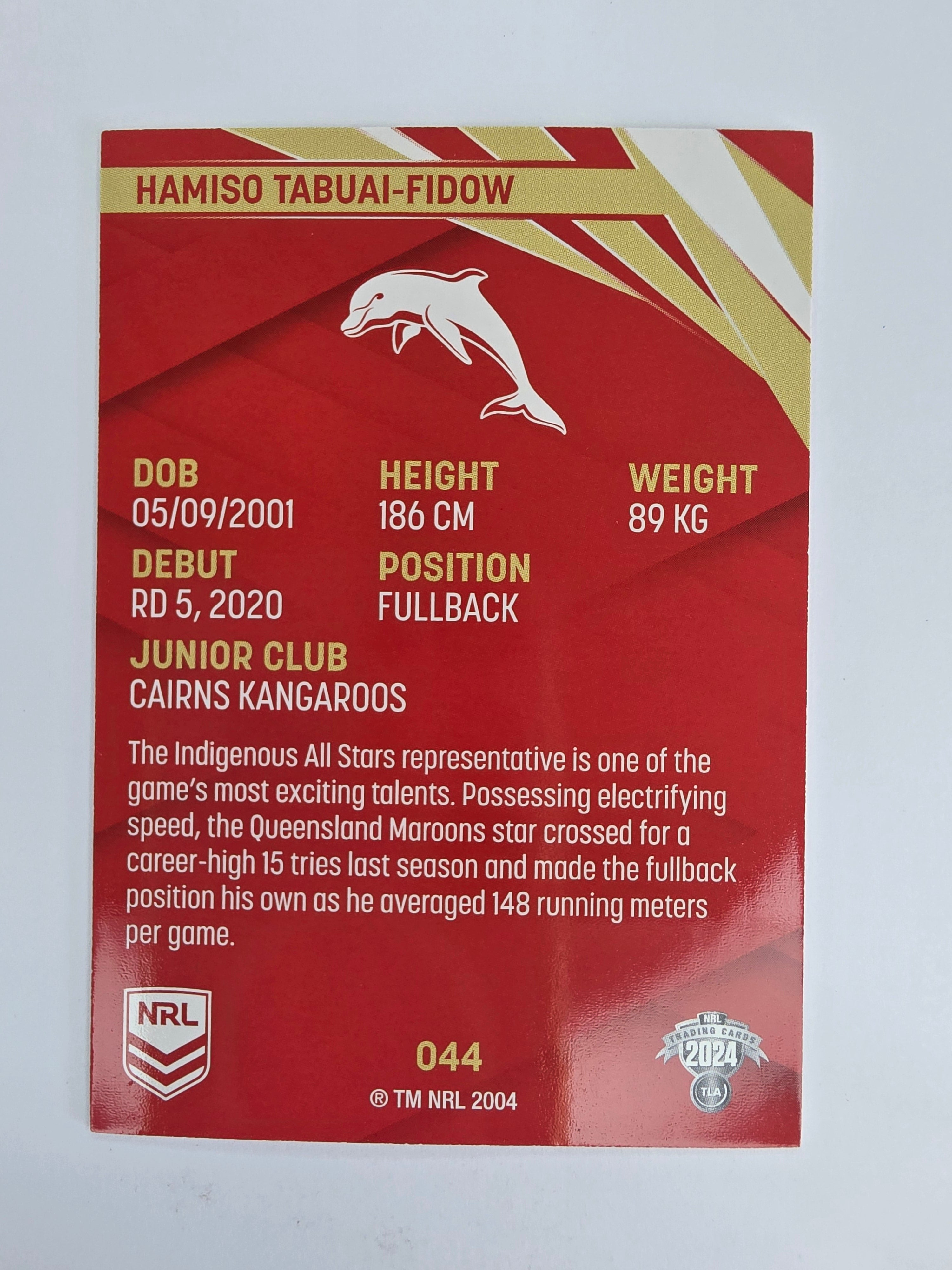 NRL 2024 Traders Base Card #044 Hamiso Tabuai-Fidow Redcliffe Dolphins