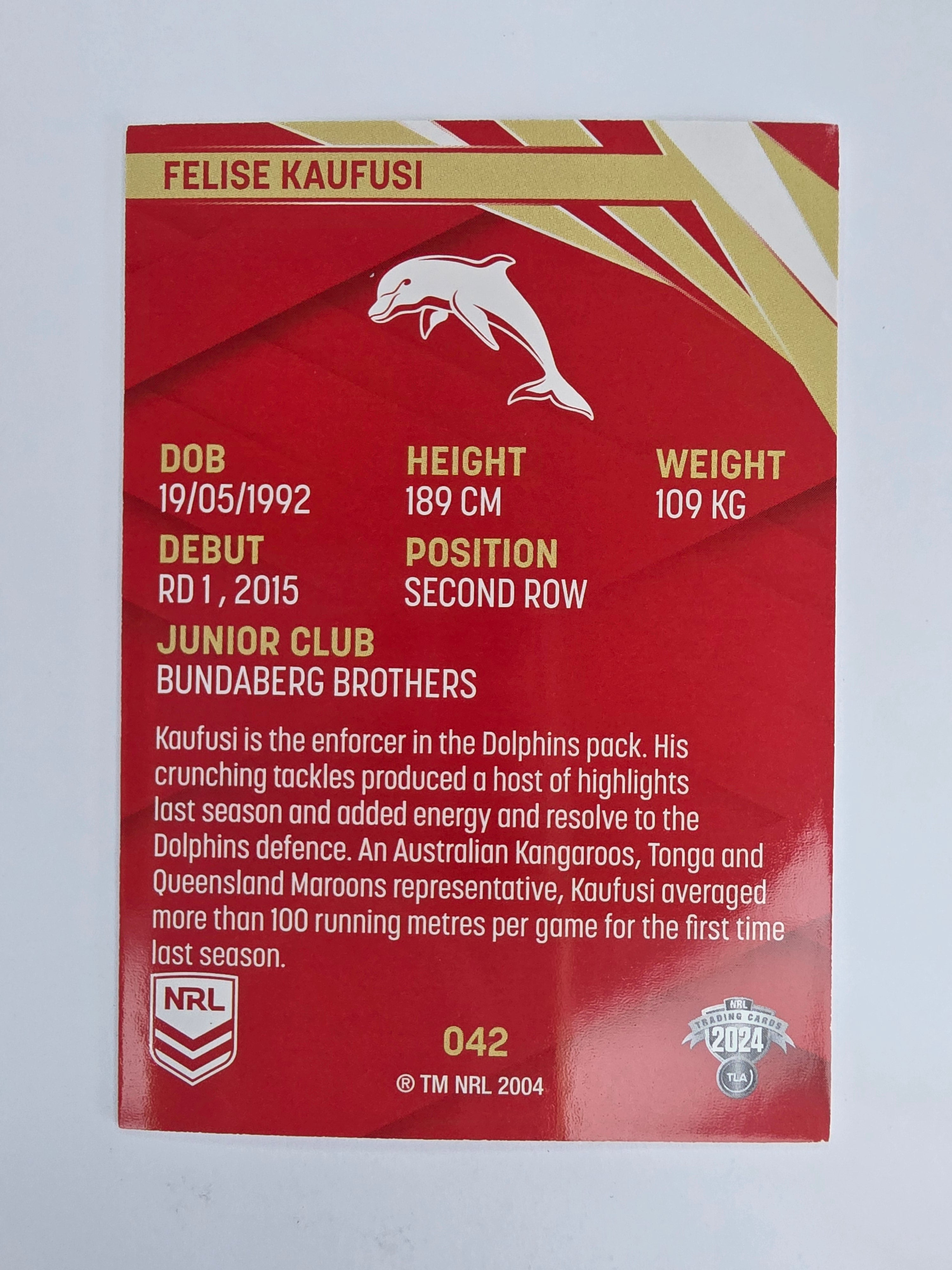 NRL 2024 Traders Base Card #042 Felise Kaufusi Redcliffe Dolphins