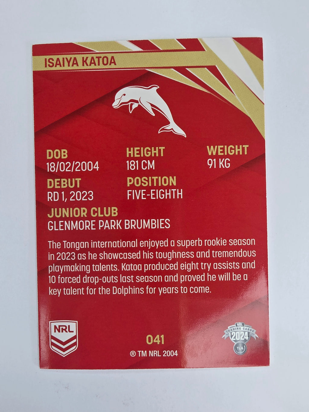 NRL 2024 Traders Base Card #041 Isaiya Katoa Redcliffe Dolphins