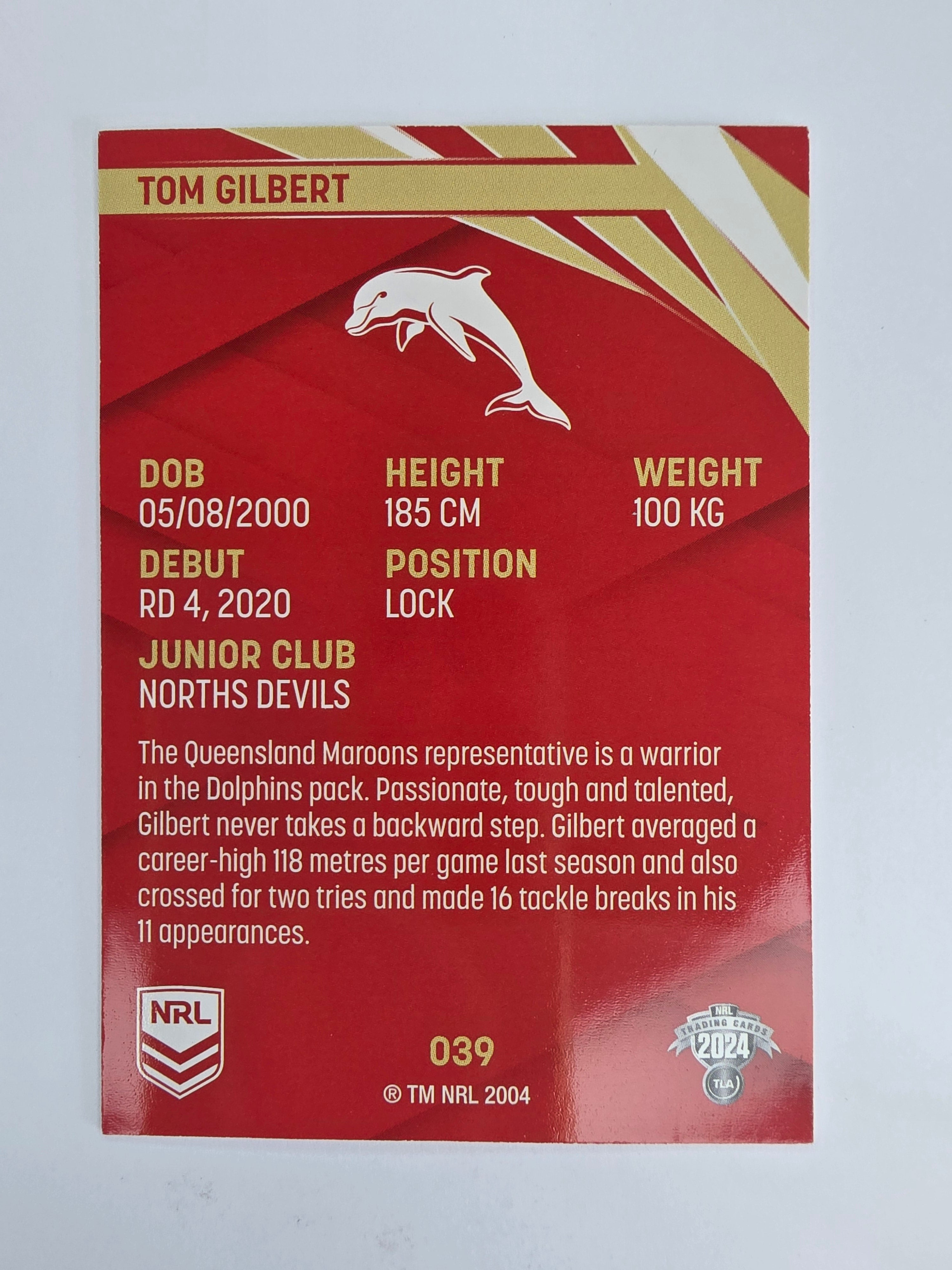 NRL 2024 Traders Base Card #039 Tom Gilbert Redcliffe Dolphins