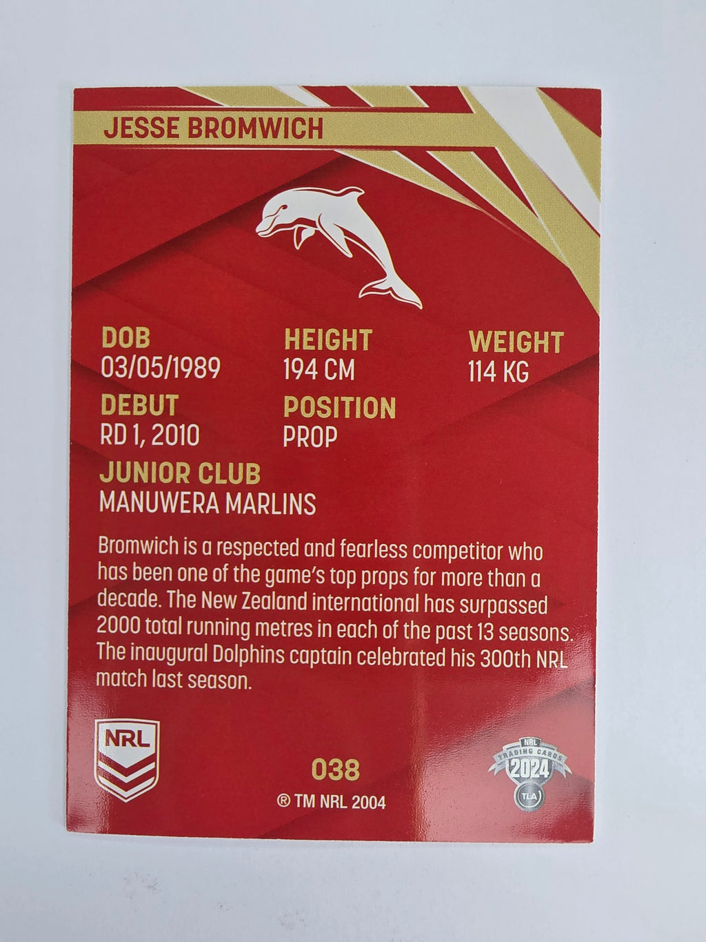 NRL 2024 Traders Base Card #038 Jesse Bromwich Redcliffe Dolphins