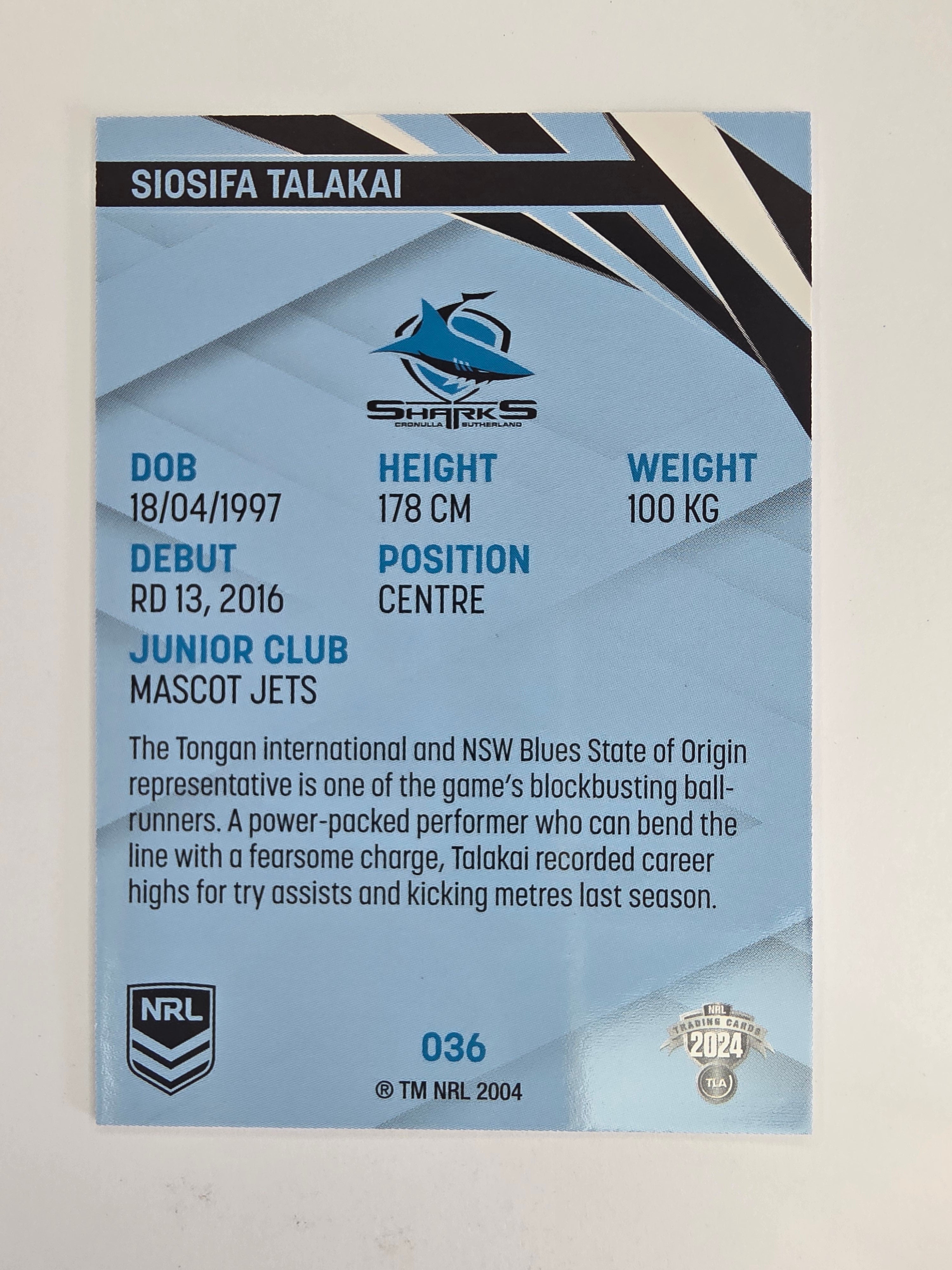 NRL 2024 Traders Base Card #036 Siosifa Talakai Cronulla Sutherland Sharks